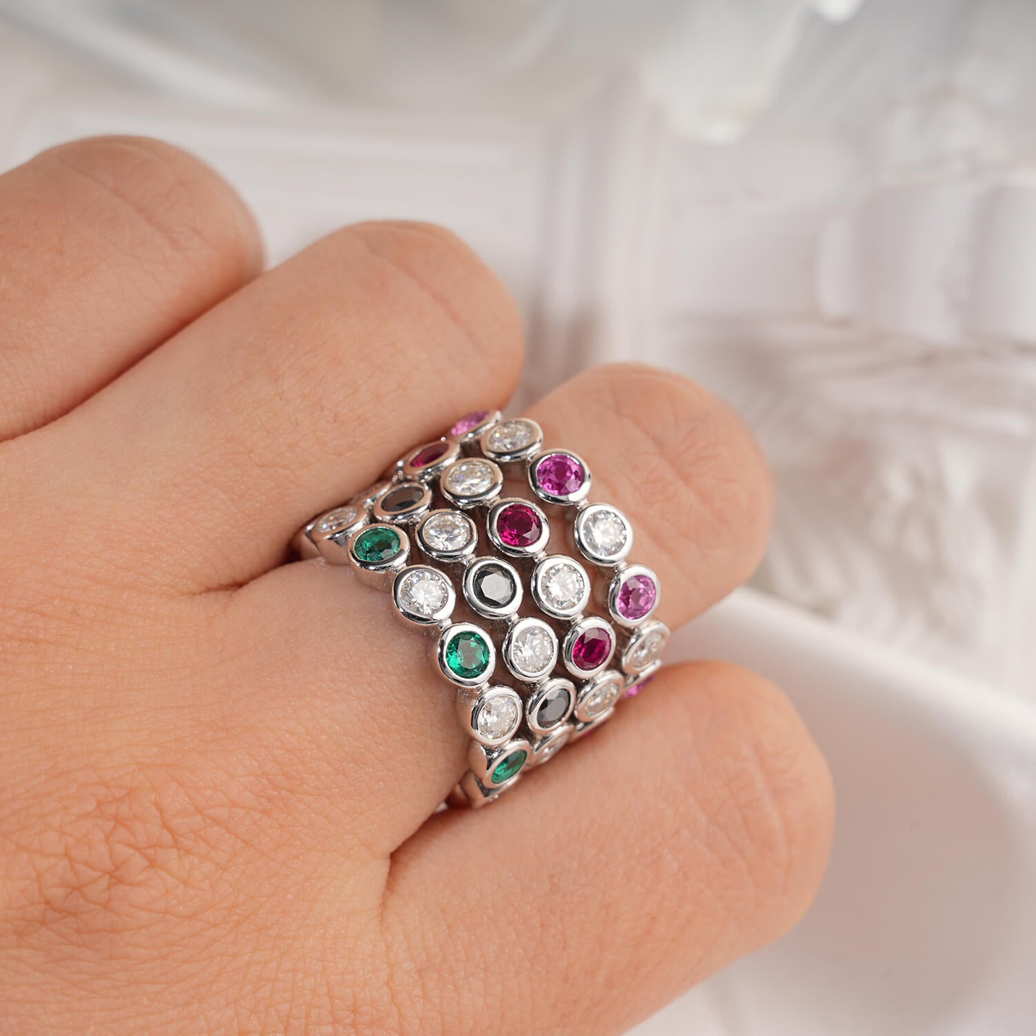 Bezel Setting Colored Moissanite Diamond Lab-Grown Gem Fashion Open Ring