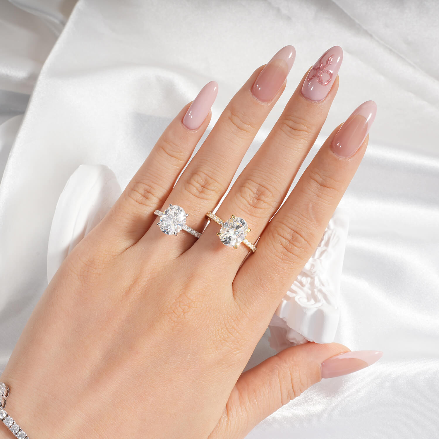 14K Gold Plated Hidden Halo Oval Cut Moissanite Diamond Accent Engagement Ring