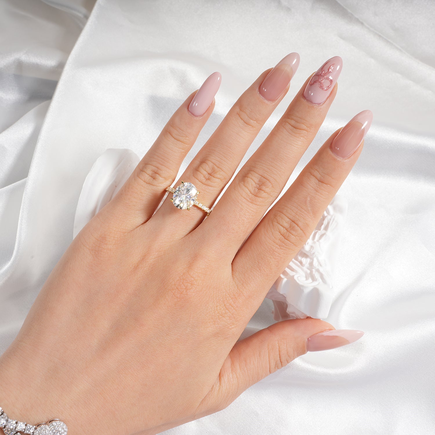 14K Gold Plated Hidden Halo Oval Cut Moissanite Diamond Accent Engagement Ring