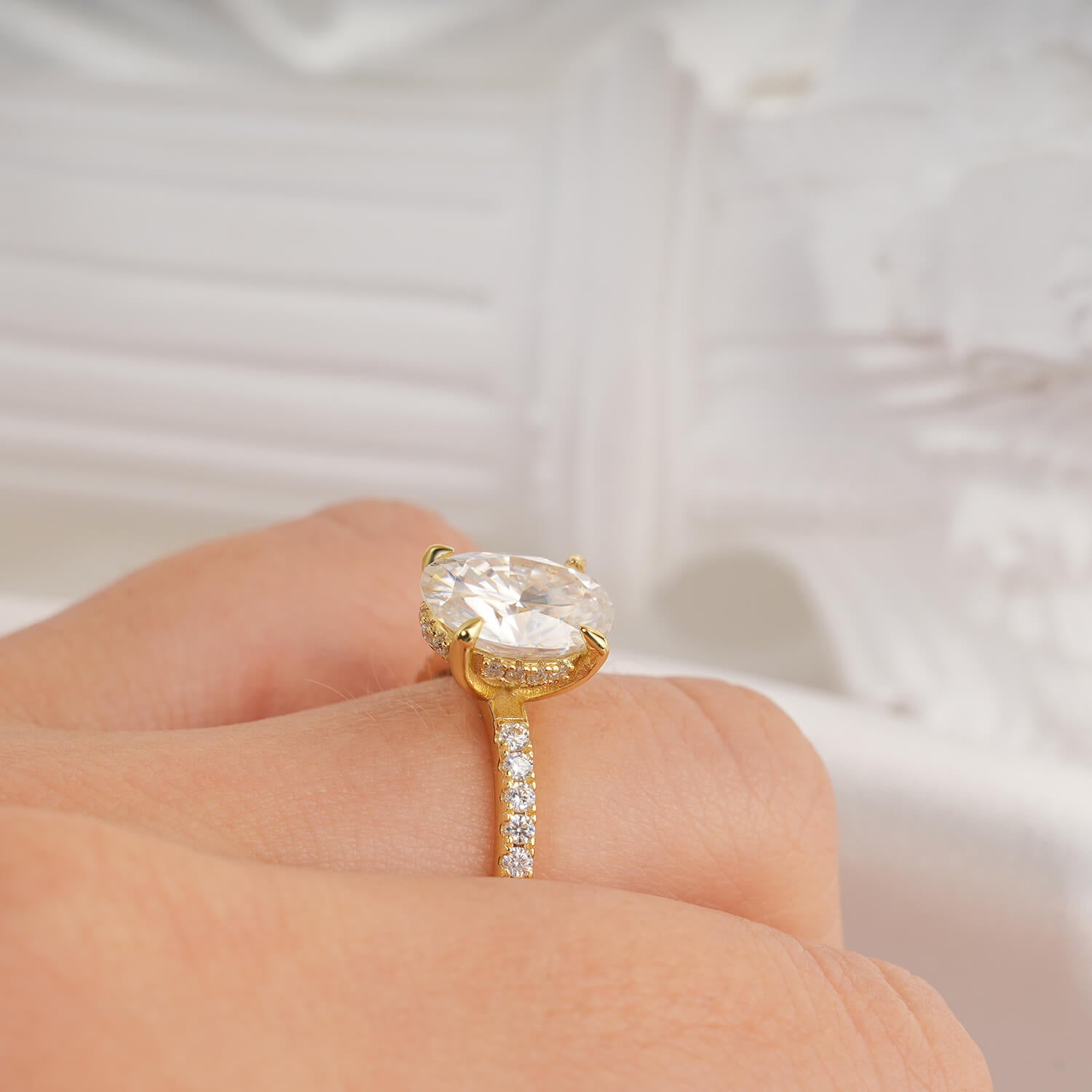 14K Gold Plated Hidden Halo Oval Cut Moissanite Diamond Accent Engagement Ring