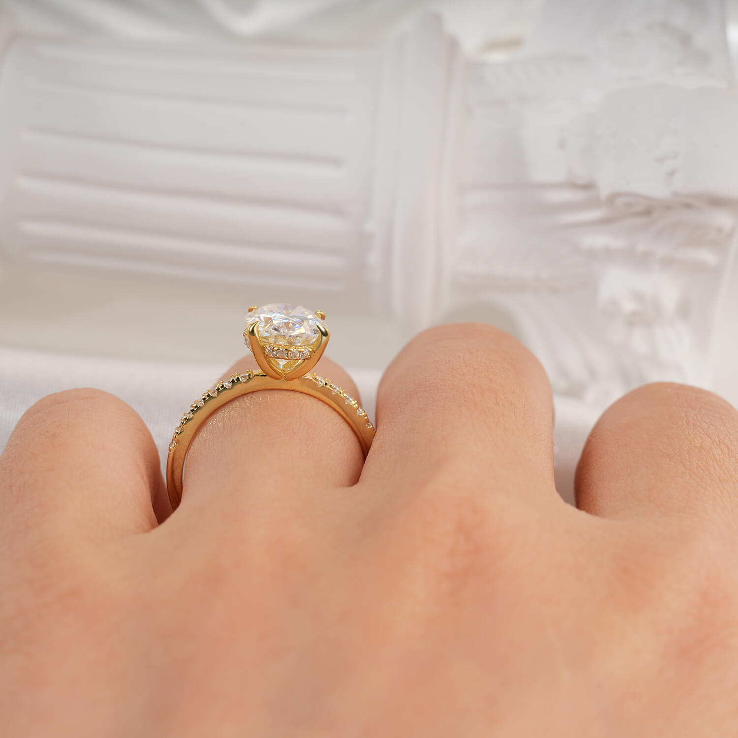 14K Gold Plated Hidden Halo Oval Cut Moissanite Diamond Accent Engagement Ring