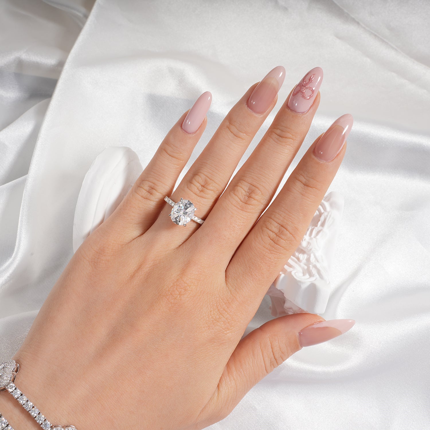 14K Gold Plated Hidden Halo Oval Cut Moissanite Diamond Accent Engagement Ring