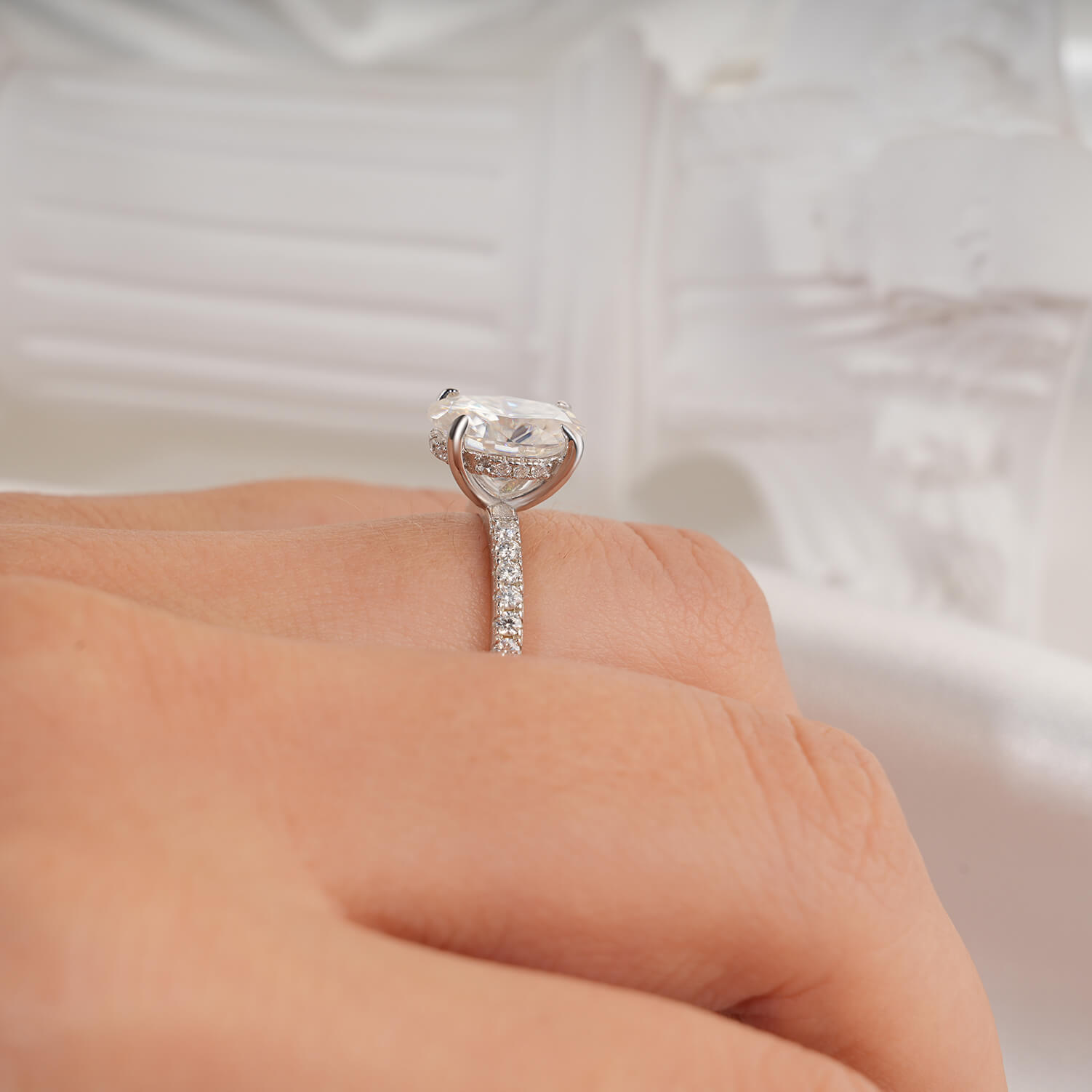 14K Gold Plated Hidden Halo Oval Cut Moissanite Diamond Accent Engagement Ring