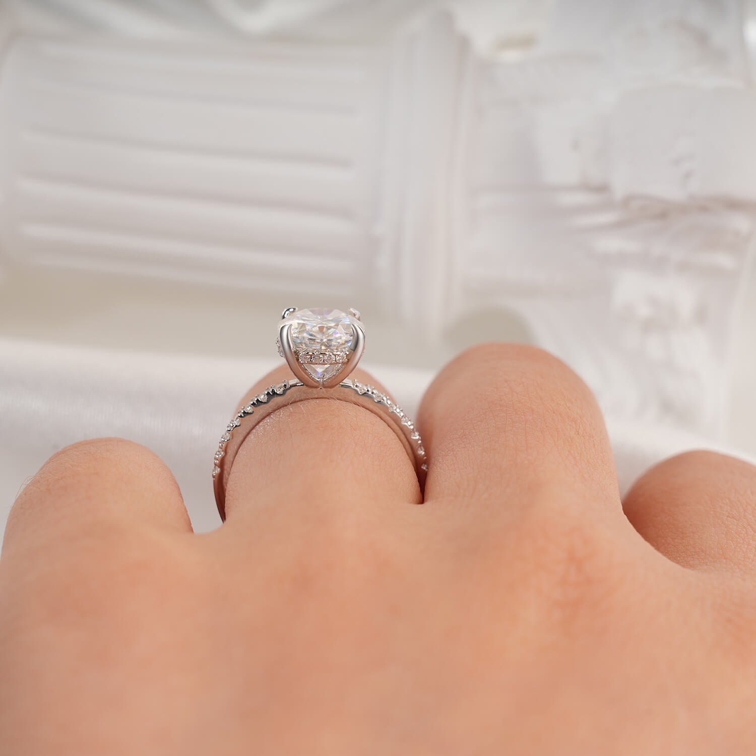 14K Gold Plated Hidden Halo Oval Cut Moissanite Diamond Accent Engagement Ring