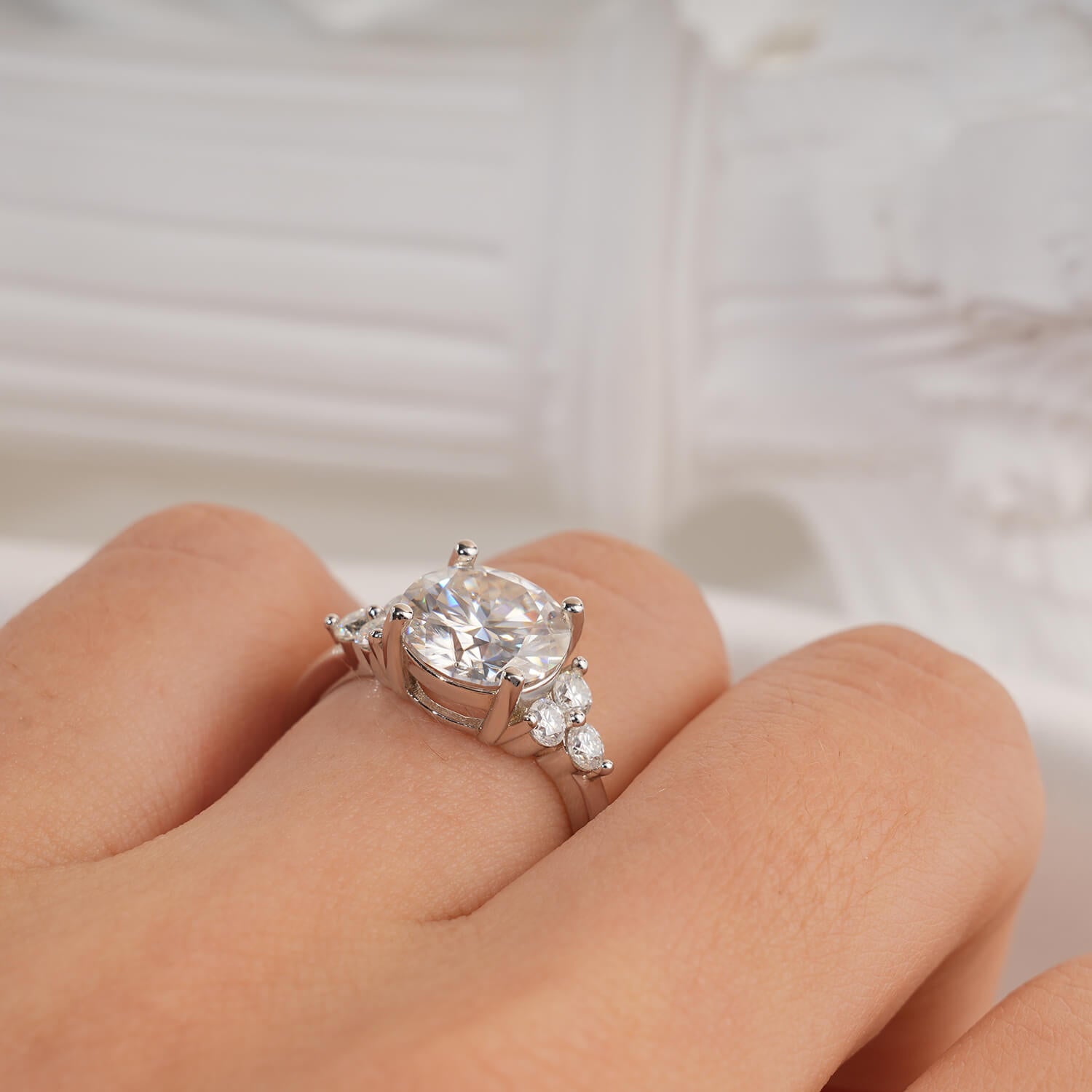 14K Gold Plated Cluster Round Brilliant Cut Moissanite Diamond Engagement Ring