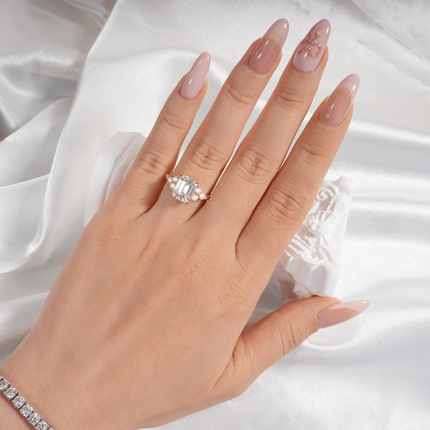 14K Gold Plated Cluster Emerald Moissanite Diamond Engagement Ring