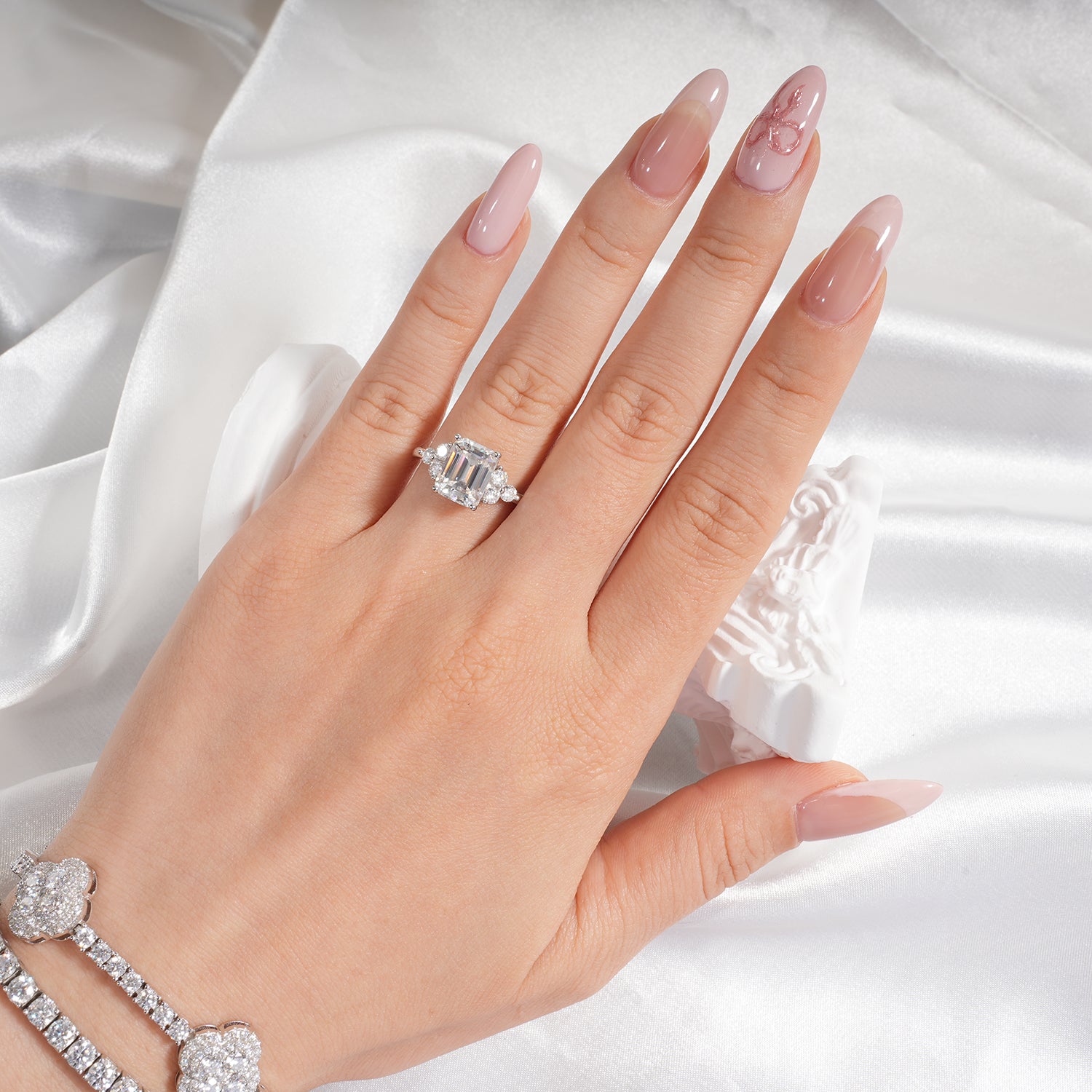 14K Gold Plated Cluster Emerald Moissanite Diamond Engagement Ring