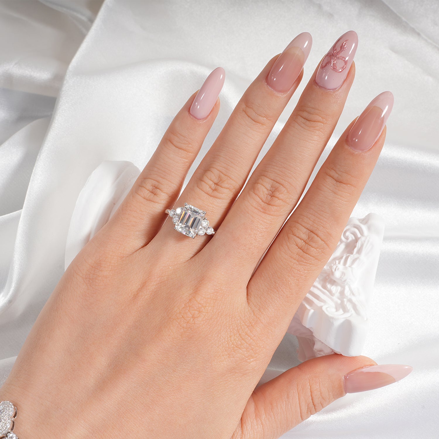 14K Gold Plated Cluster Emerald Moissanite Diamond Engagement Ring