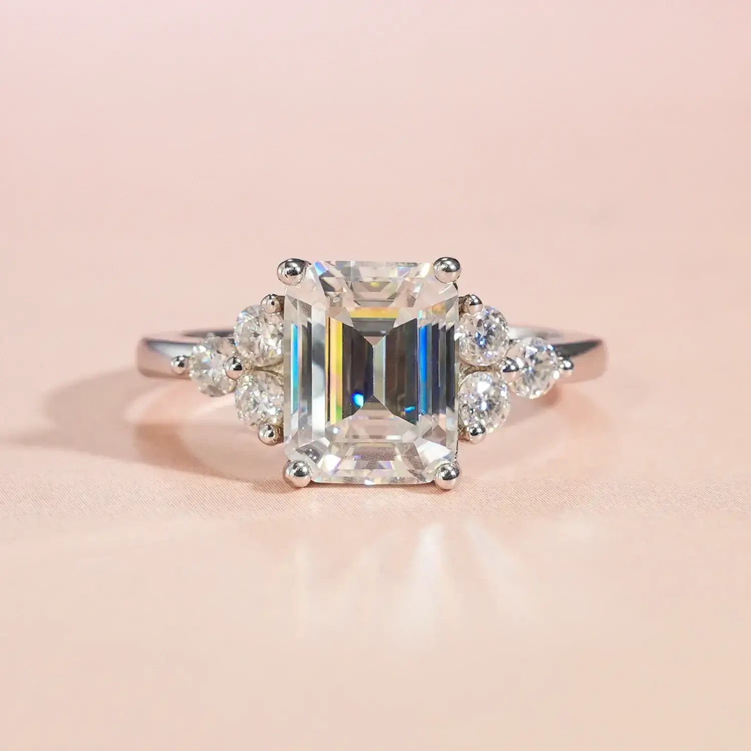 14K Gold Plated Cluster Emerald Moissanite Diamond Engagement Ring