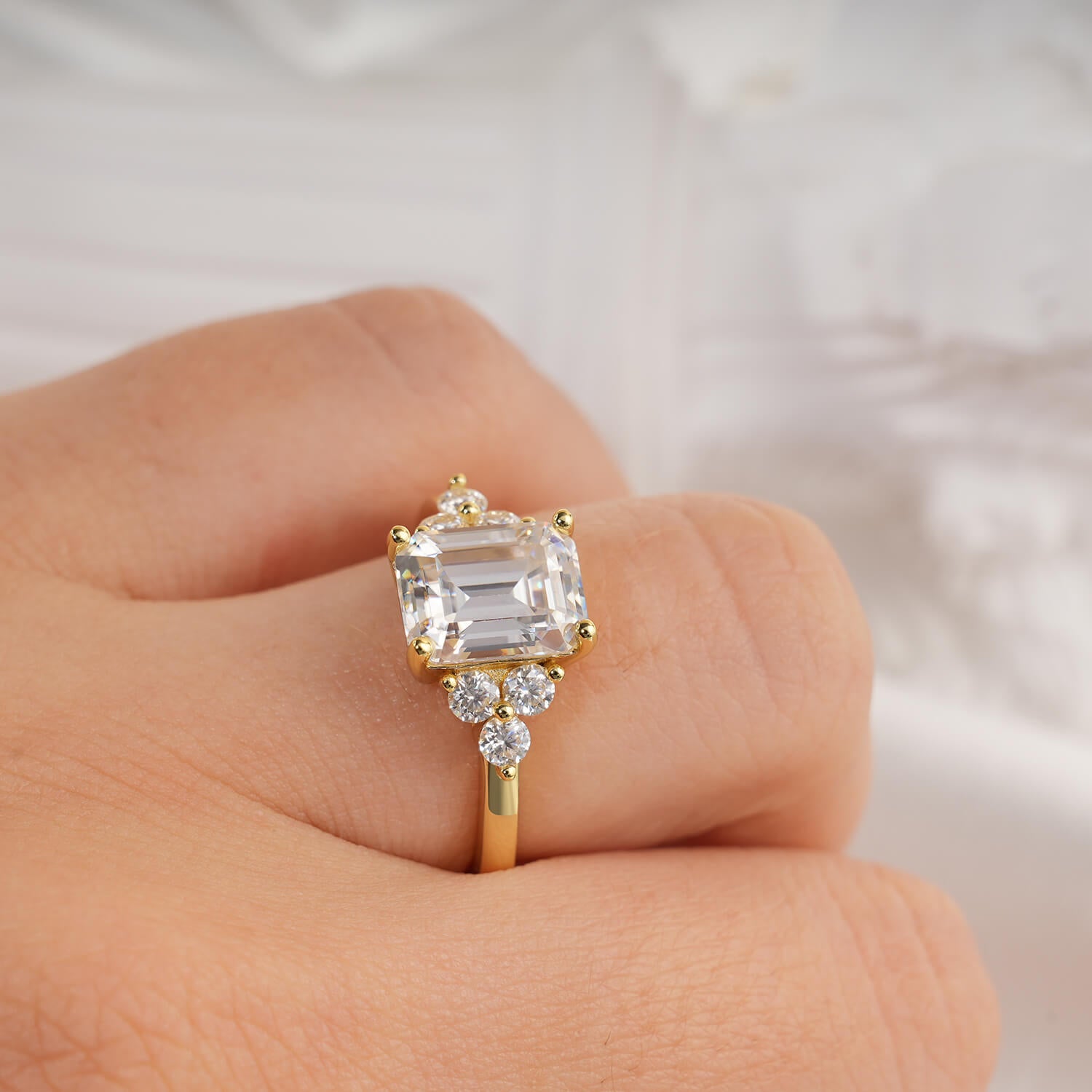 14K Gold Plated Cluster Emerald Moissanite Diamond Engagement Ring