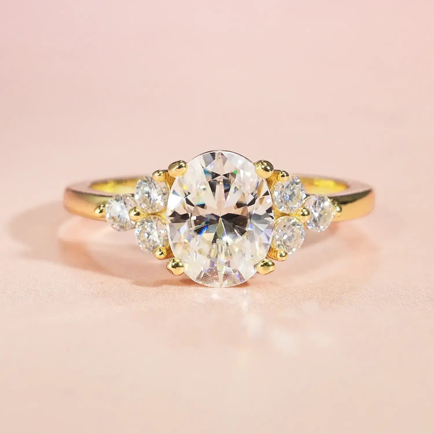 14K Gold Plated Cluster Oval Moissanite Diamond Engagement Ring