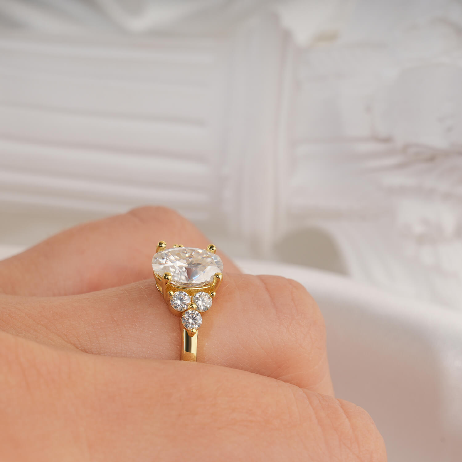 14K Gold Plated Cluster Oval Moissanite Diamond Engagement Ring