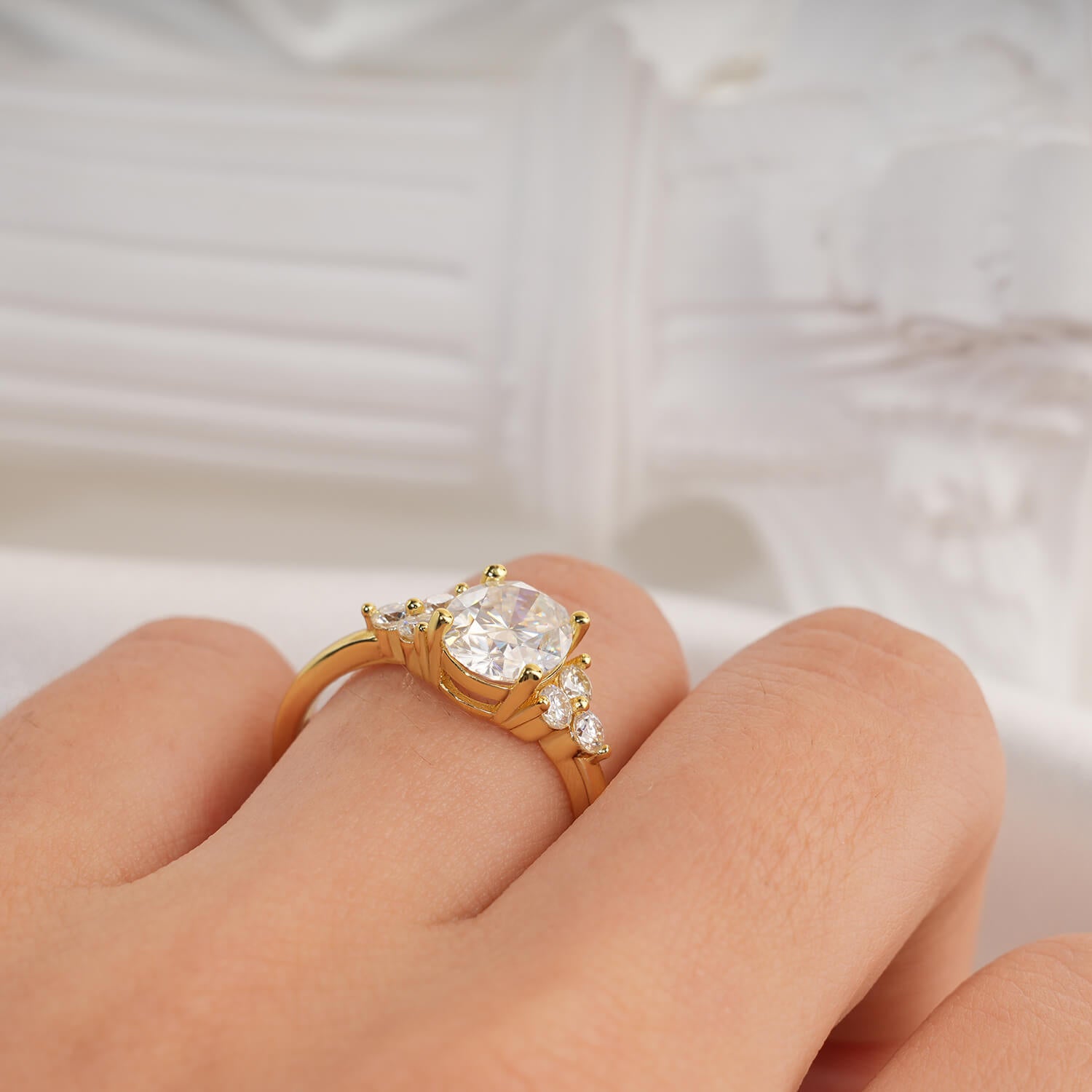 14K Gold Plated Cluster Oval Moissanite Diamond Engagement Ring