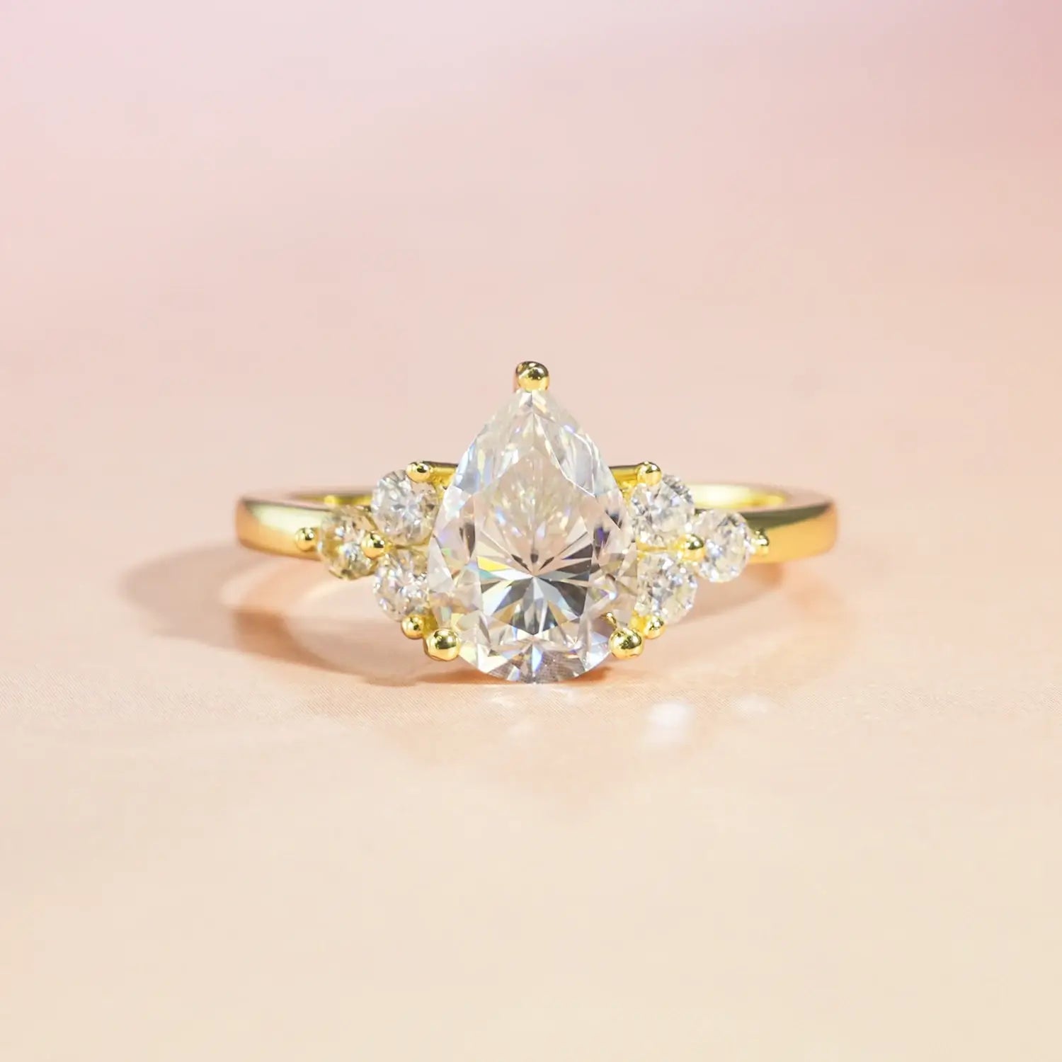 14K Gold Plated Cluster Pear Moissanite Diamond Engagement Ring