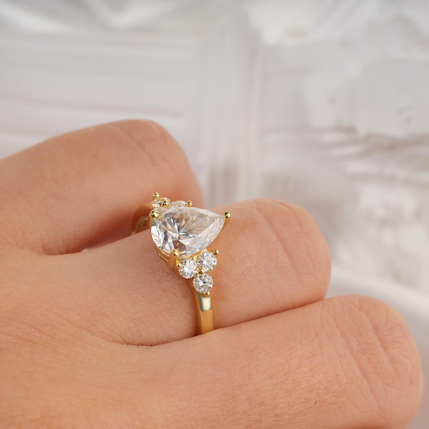 14K Gold Plated Cluster Pear Moissanite Diamond Engagement Ring