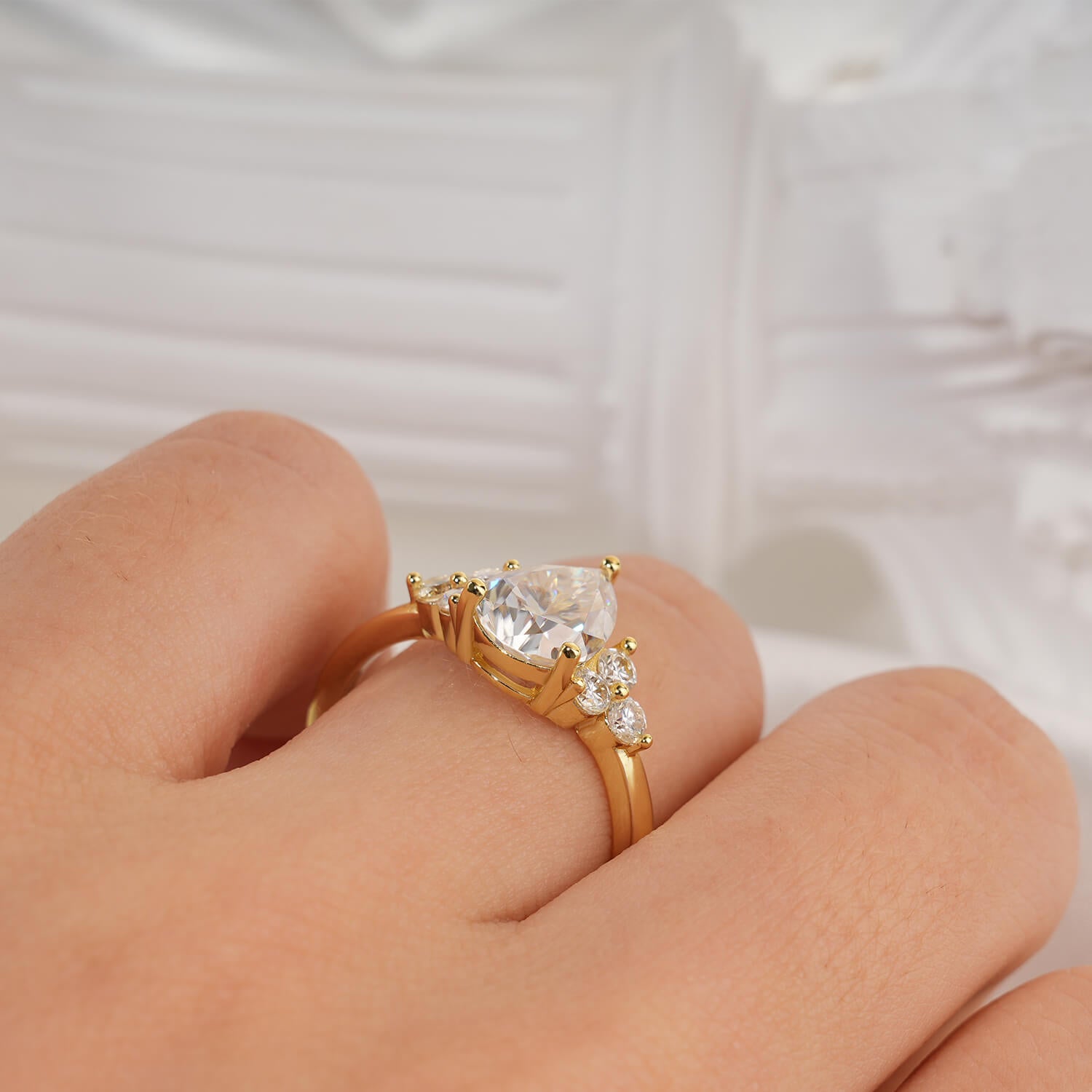 14K Gold Plated Cluster Pear Moissanite Diamond Engagement Ring