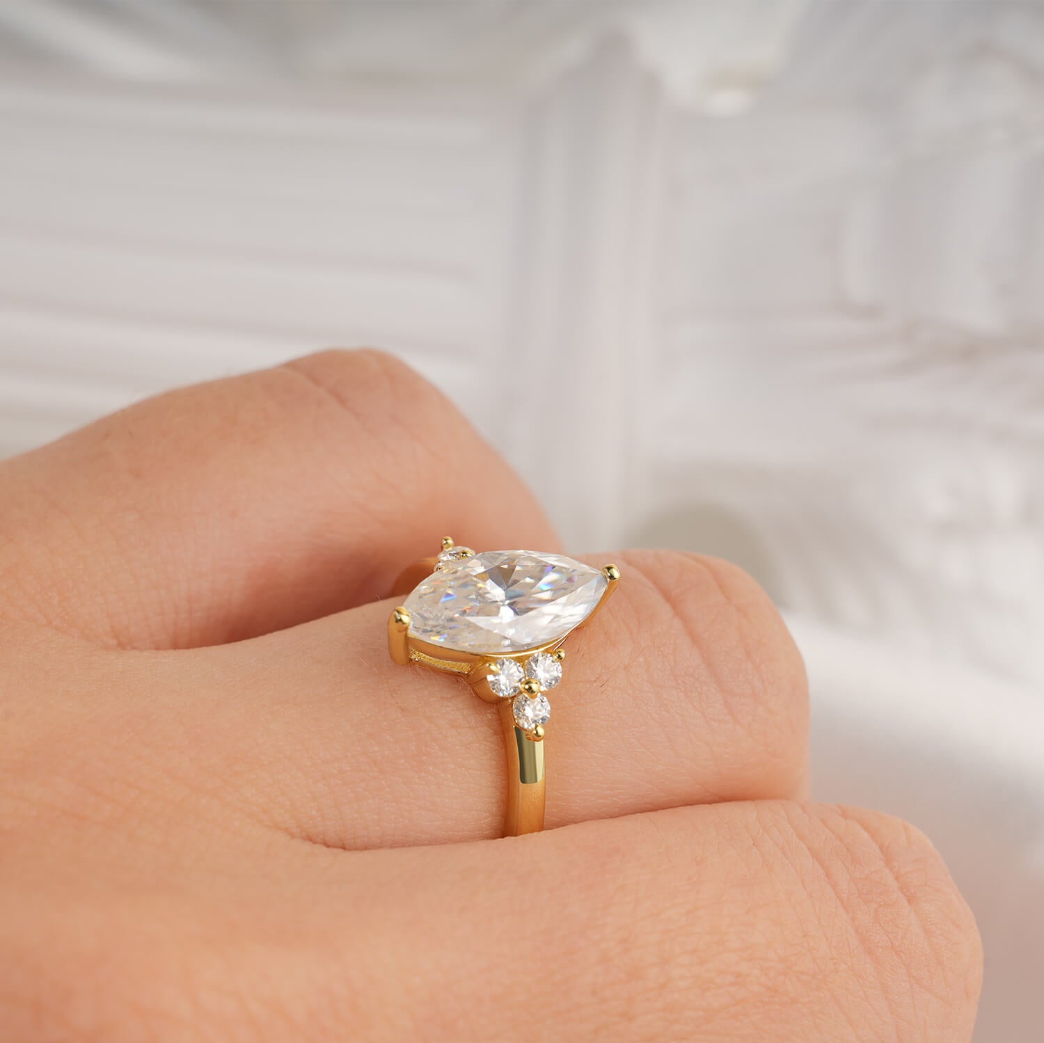 14K Gold Plated Cluster Marquies Moissanite Diamond Engagement Ring