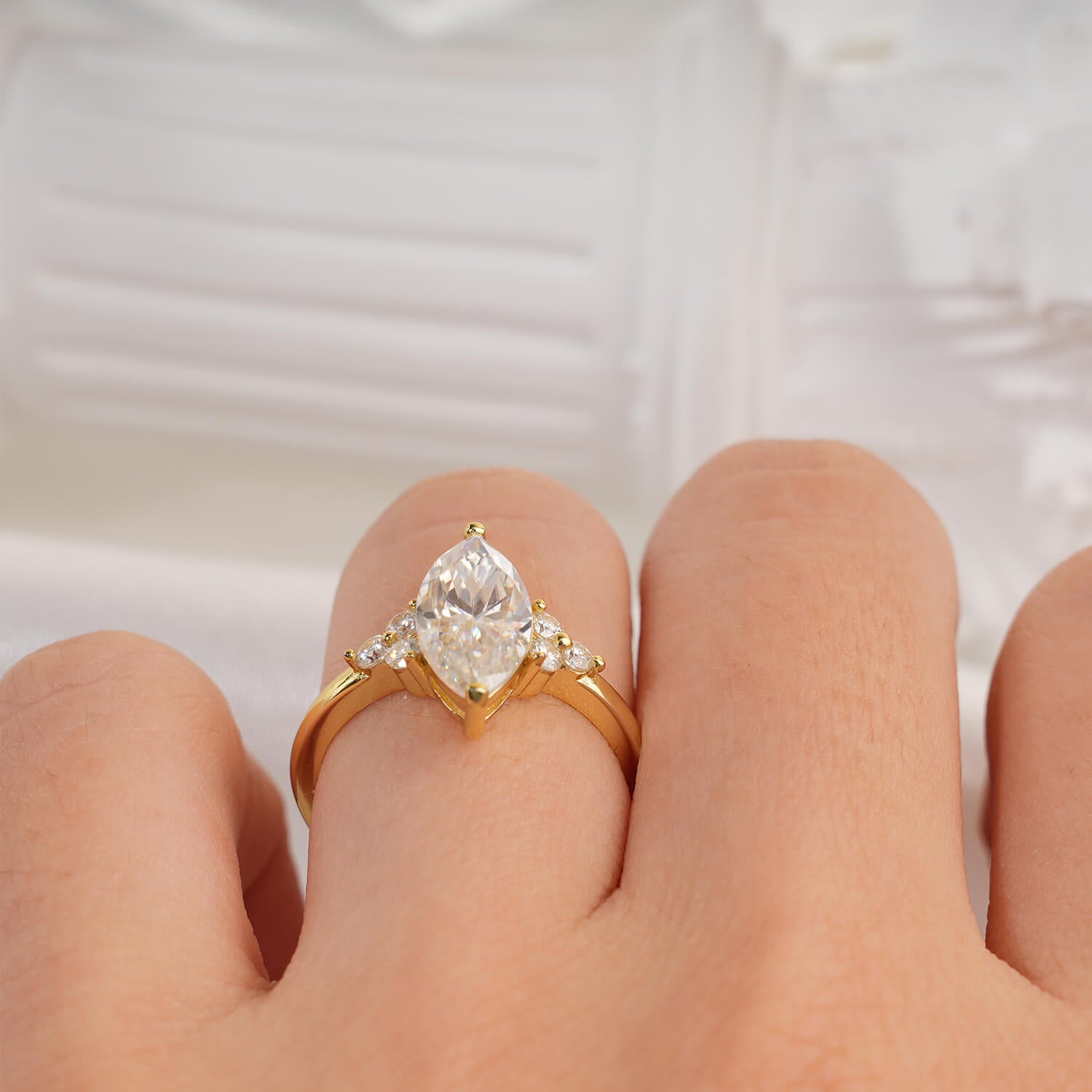 14K Gold Plated Cluster Marquies Moissanite Diamond Engagement Ring