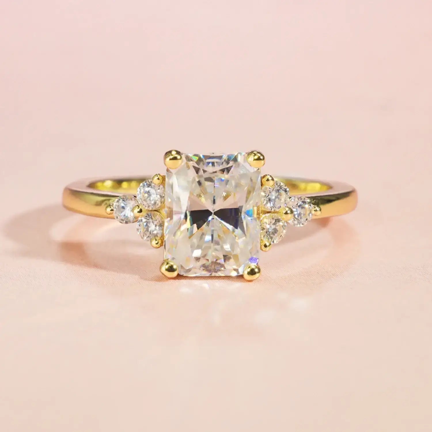 14K Gold Plated Cluster Radiant Moissanite Diamond Engagement Ring