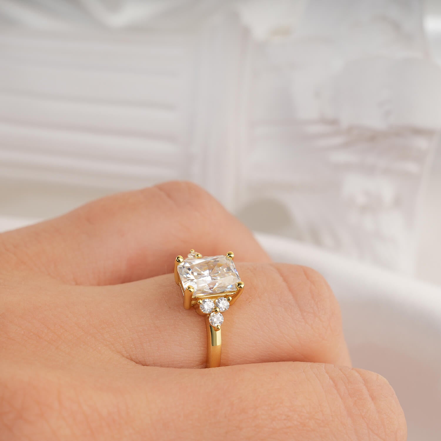 14K Gold Plated Cluster Radiant Moissanite Diamond Engagement Ring