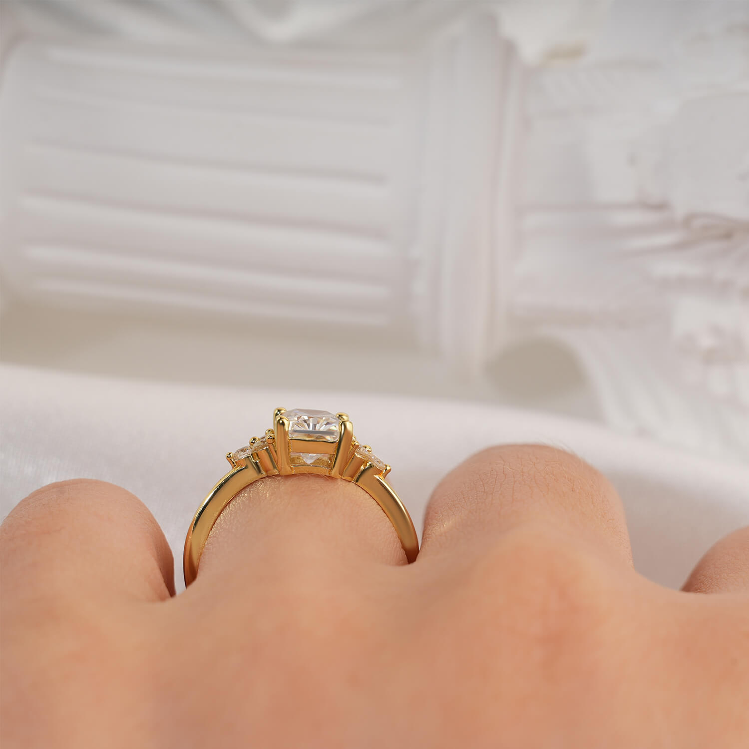 14K Gold Plated Cluster Radiant Moissanite Diamond Engagement Ring