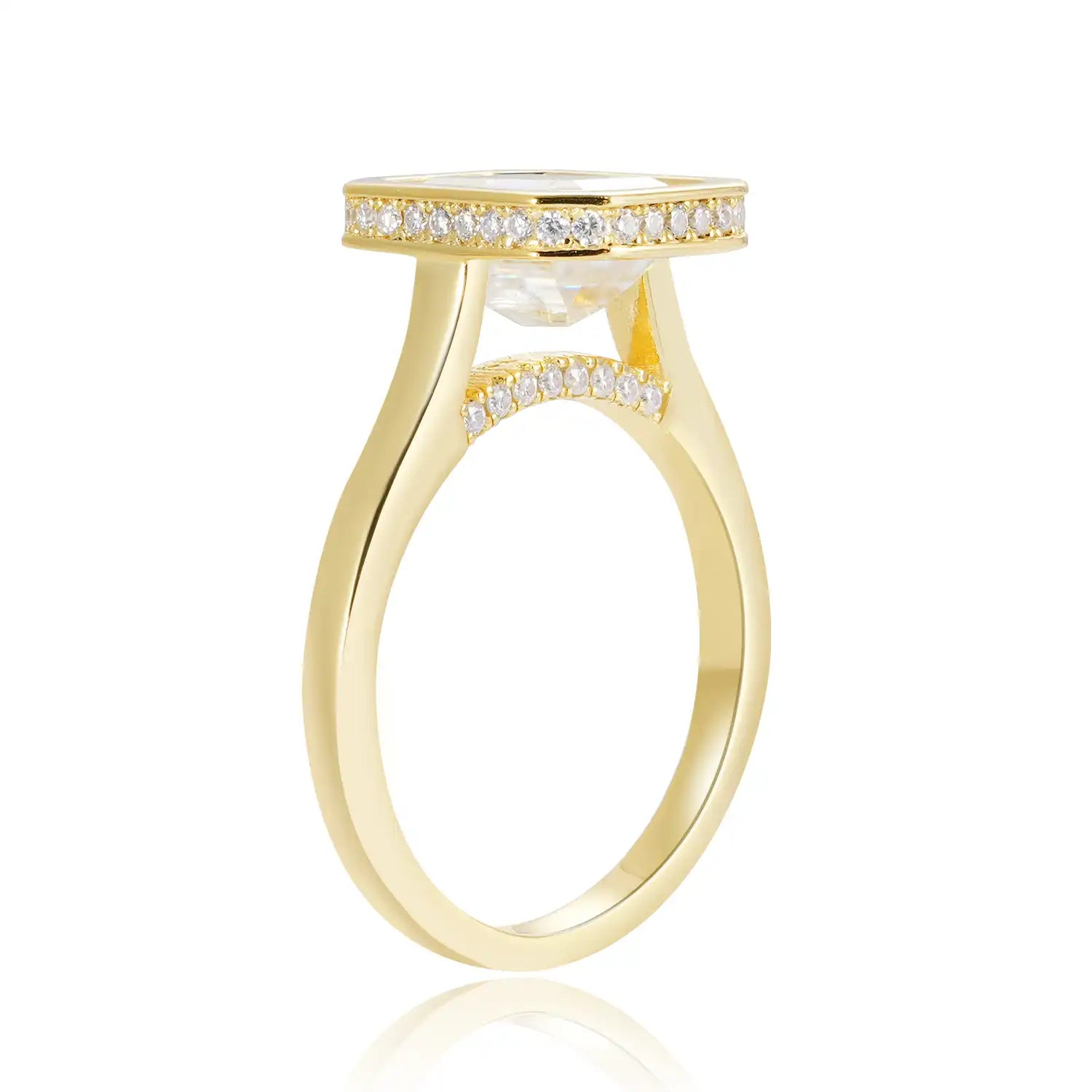 Bezel Set Engagement Ring with 3TC Emerald Cut Diamond Hidden Halo