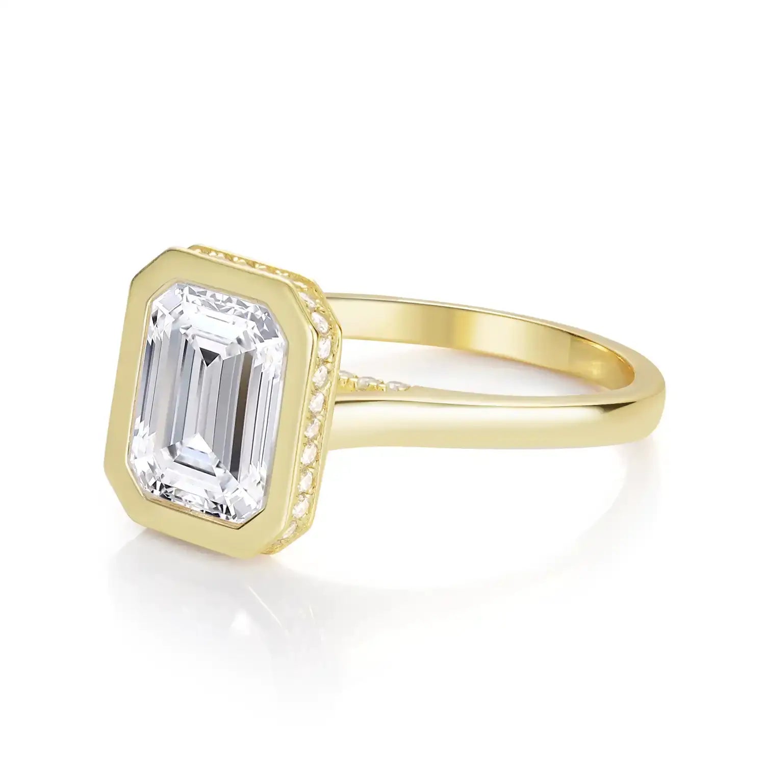 Bezel Set Engagement Ring with 3TC Emerald Cut Diamond Hidden Halo