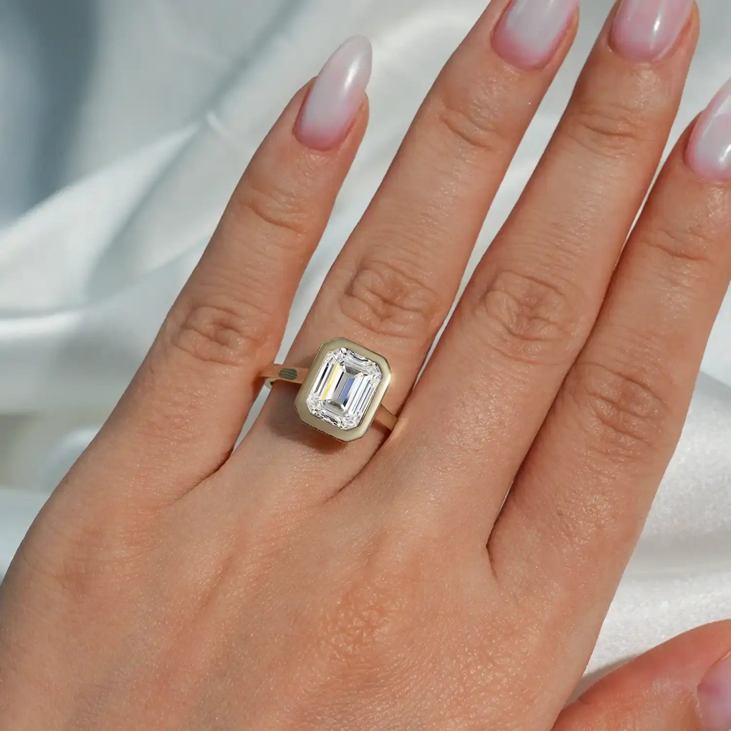 Bezel Set Engagement Ring with 3TC Emerald Cut Diamond Hidden Halo