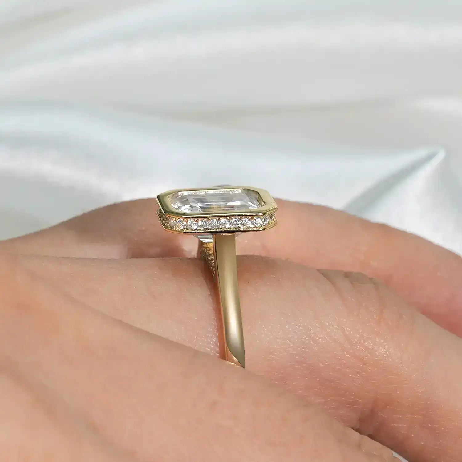 Bezel Set Engagement Ring with 3TC Emerald Cut Diamond Hidden Halo