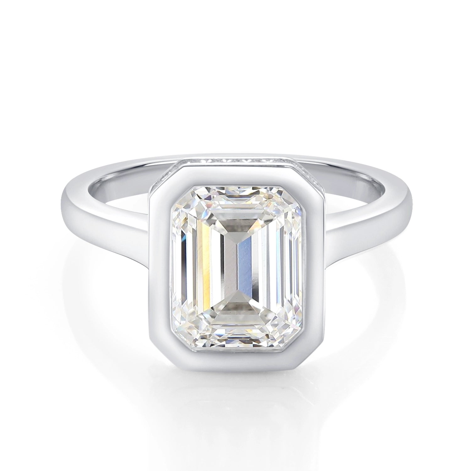 Bezel Set Engagement Ring with 3TC Emerald Cut Diamond Hidden Halo
