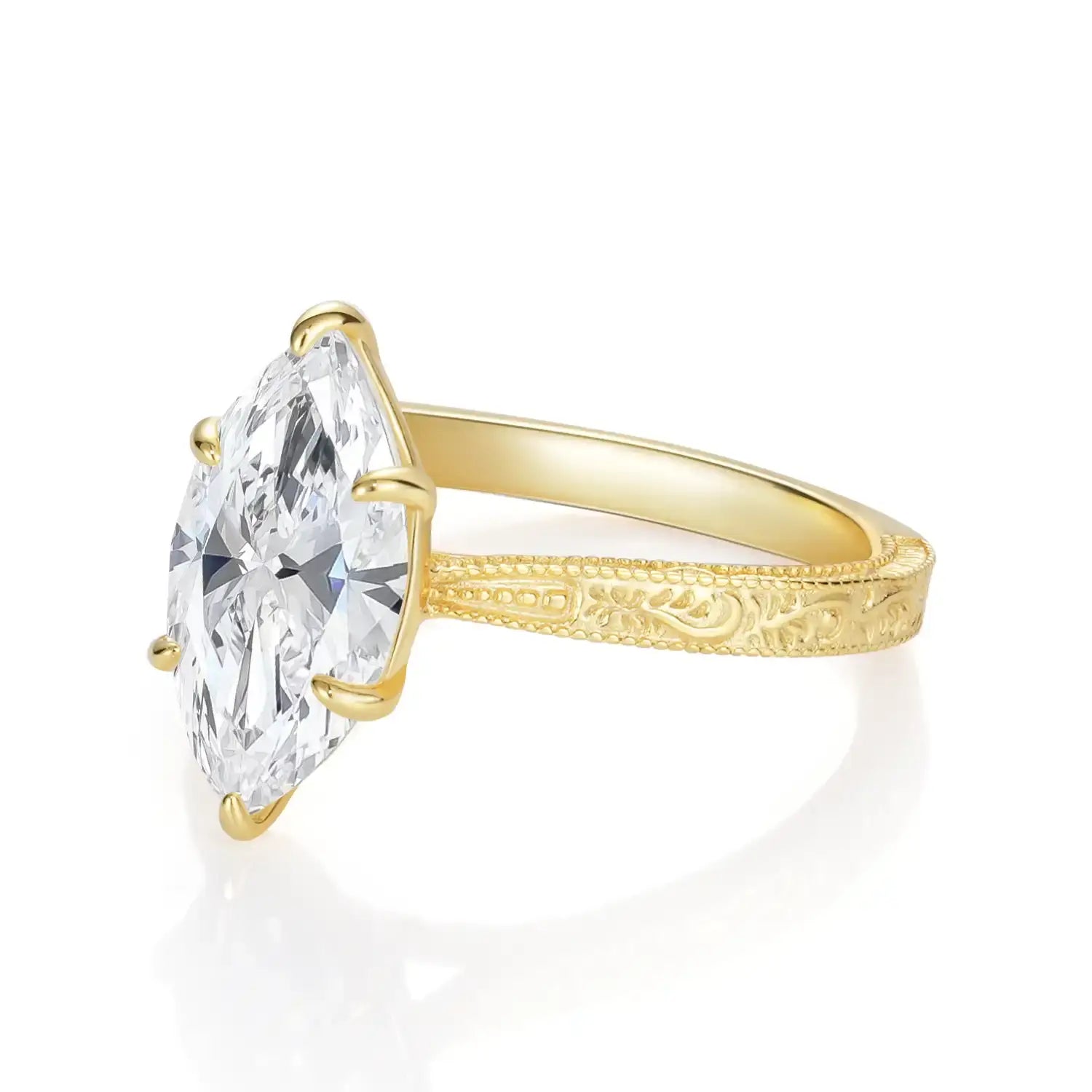 2.5CT Marquise Cut Moissanite Diamond Engraved Engagement Ring