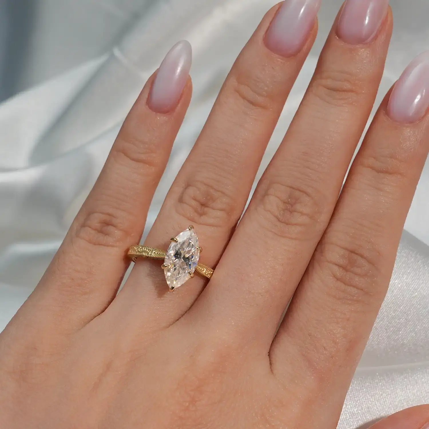 2.5CT Marquise Cut Moissanite Diamond Engraved Engagement Ring