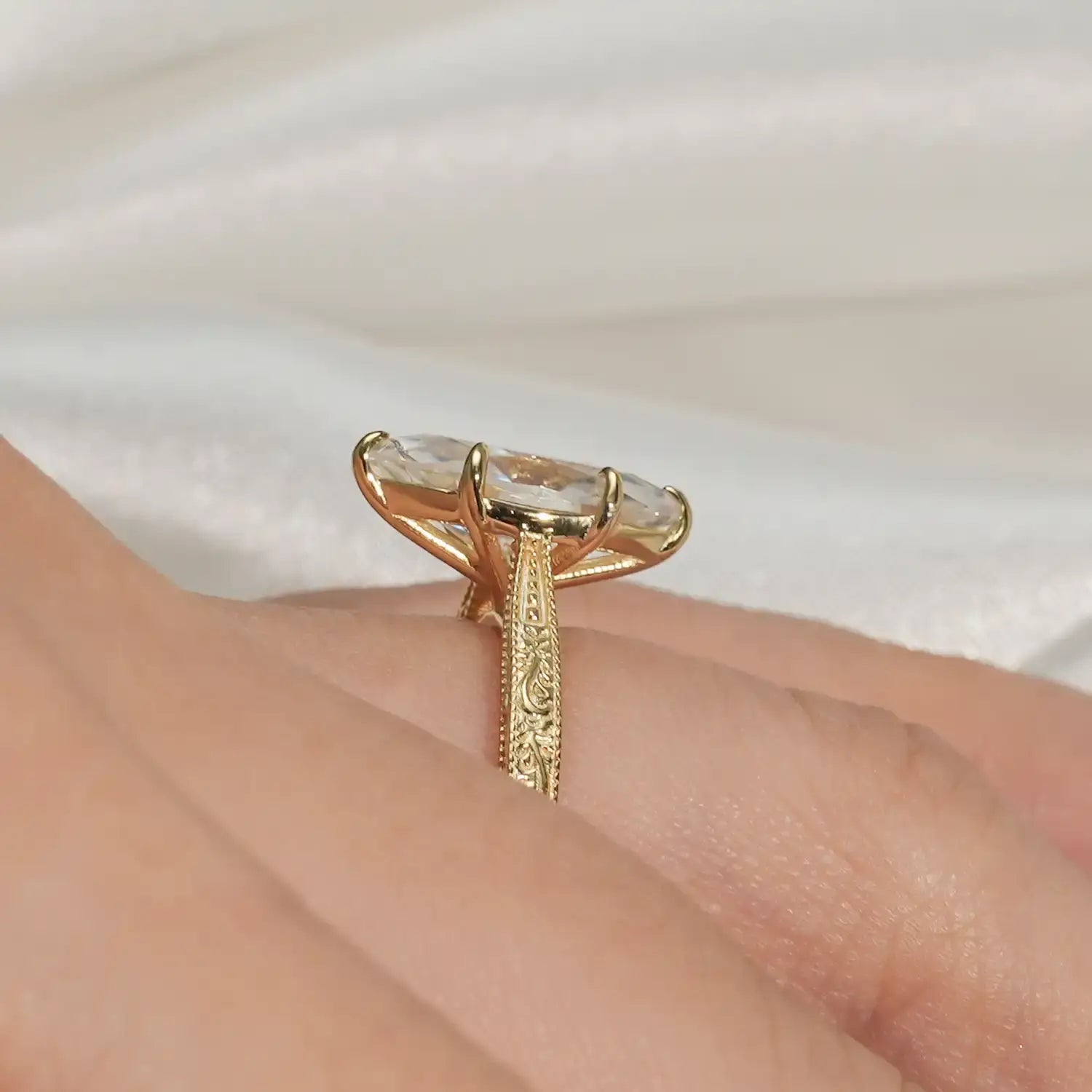 2.5CT Marquise Cut Moissanite Diamond Engraved Engagement Ring