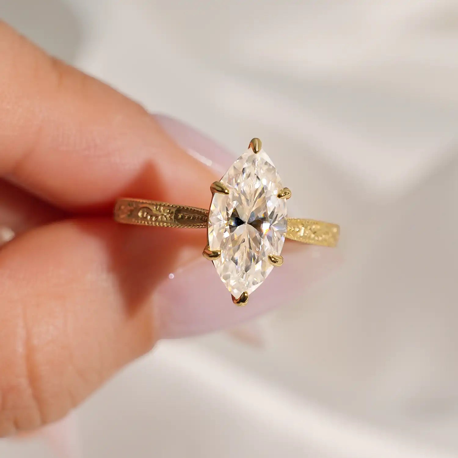 2.5CT Marquise Cut Moissanite Diamond Engraved Engagement Ring