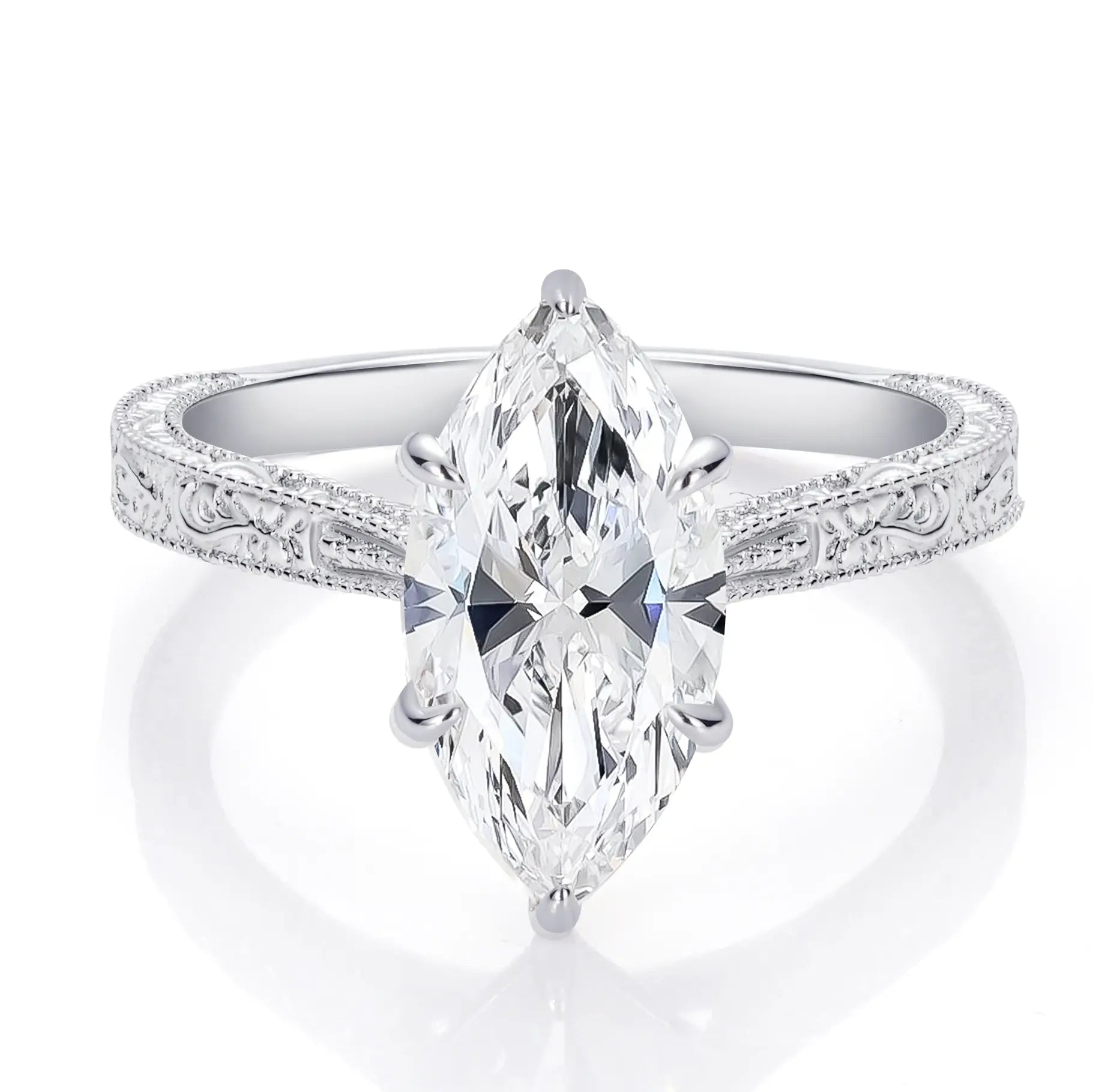 2.5CT Marquise Cut Moissanite Diamond Engraved Engagement Ring