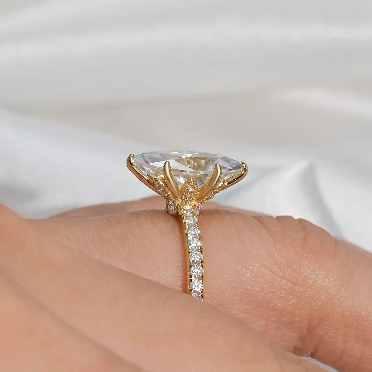 3CT Marquise Cut Six Prongs Wrap Pave Set Unique Moissanite Engagement Ring