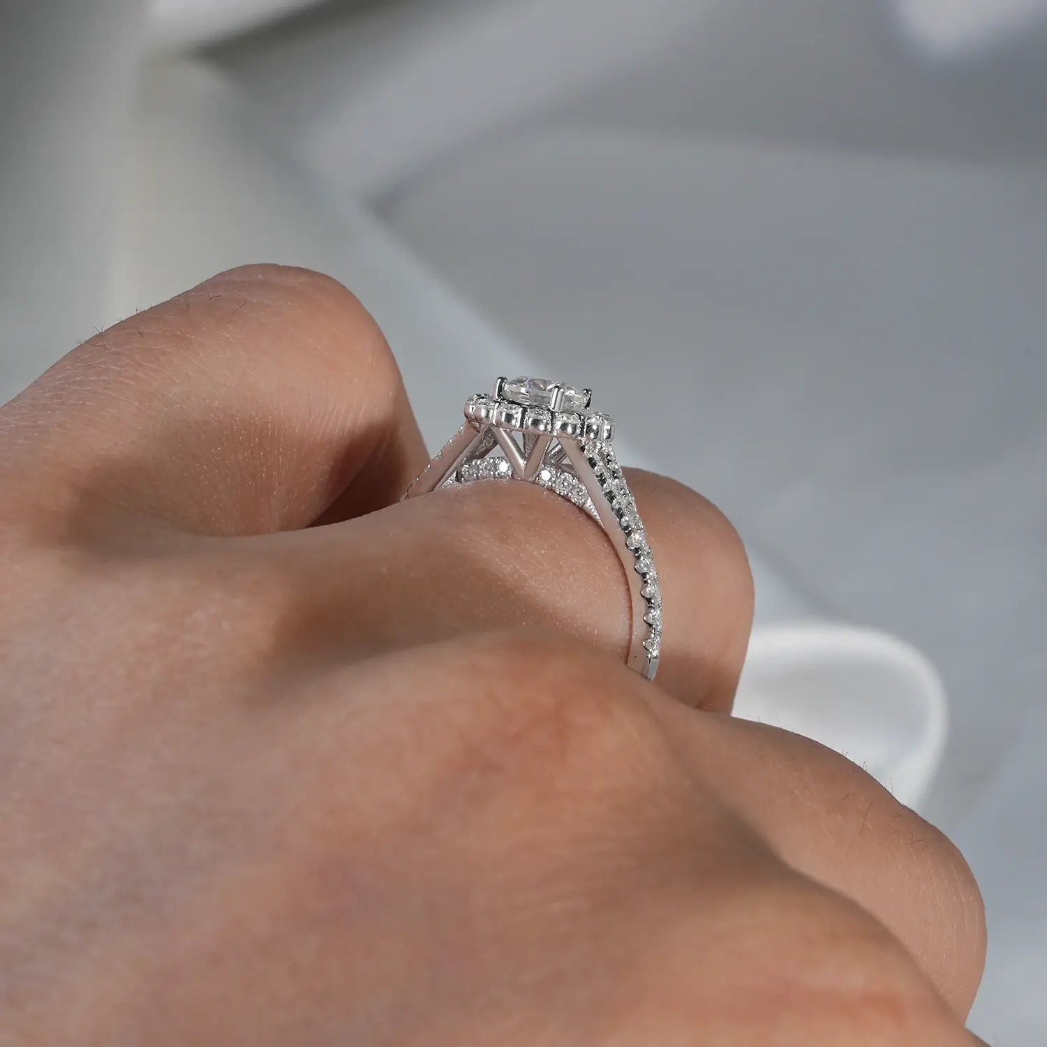 Halo Engagement Ring Cathedral setting Brilliant Round Cut Moissanite Diamond