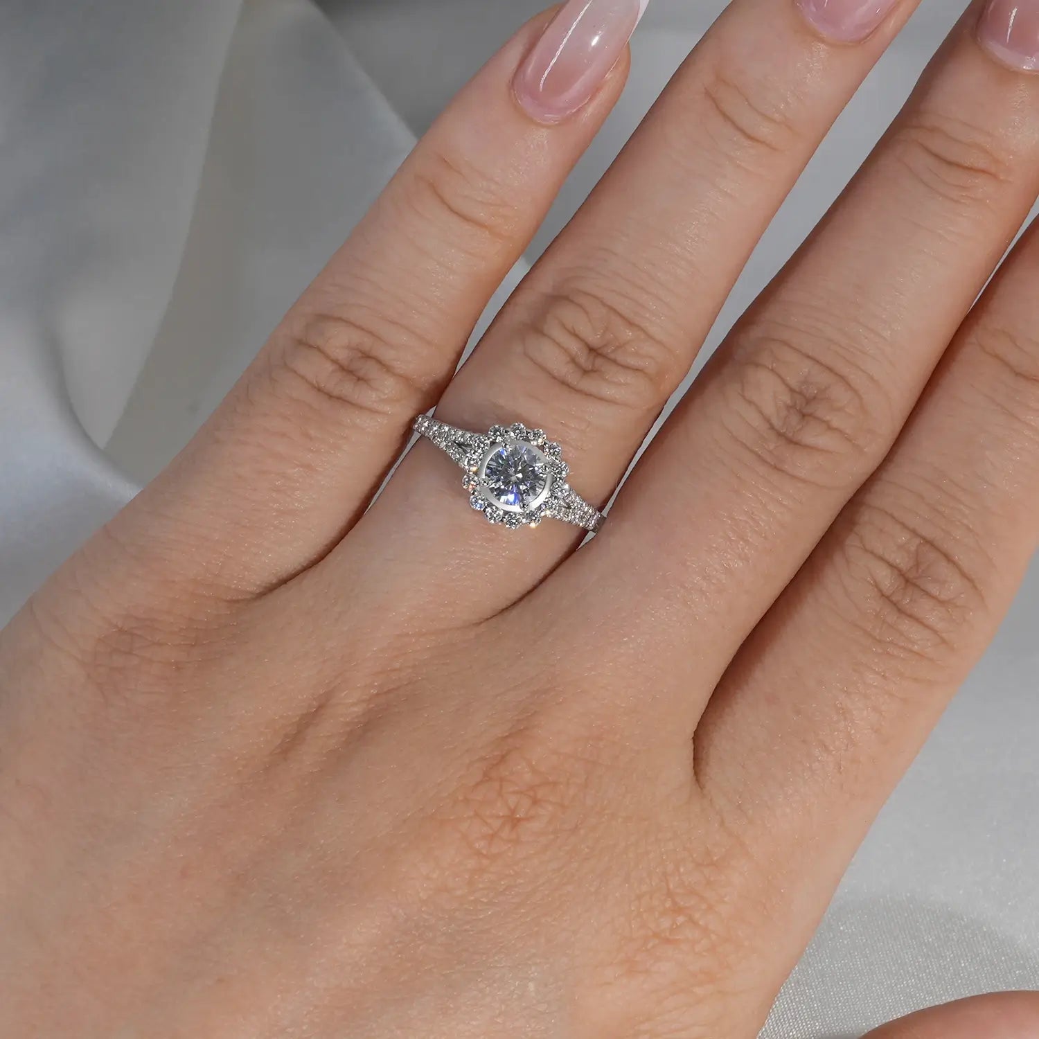 Halo Engagement Ring Cathedral setting Brilliant Round Cut Moissanite Diamond
