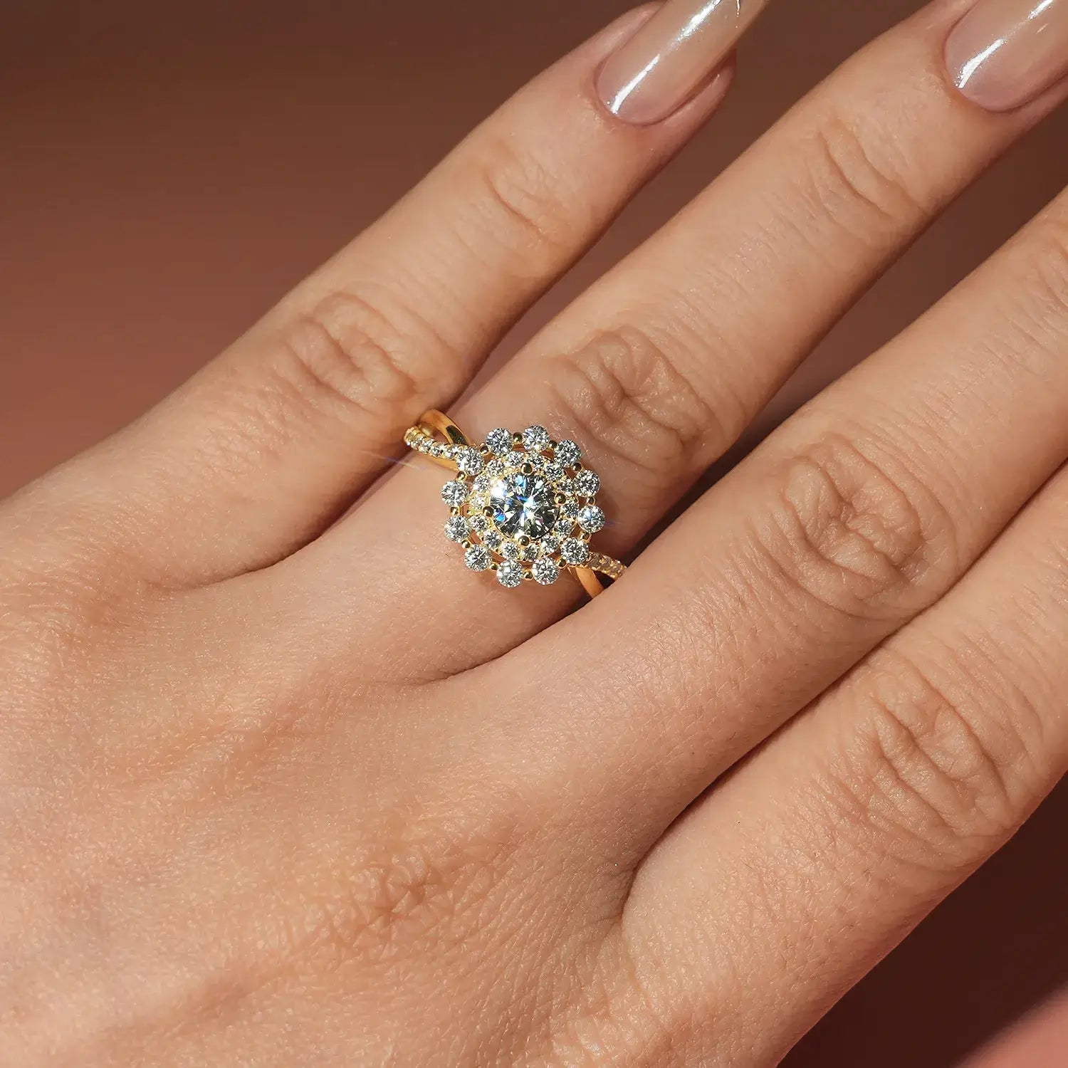 Double Halo Round Brilliant Moissanite Diamond Engagement Ring Twist Band