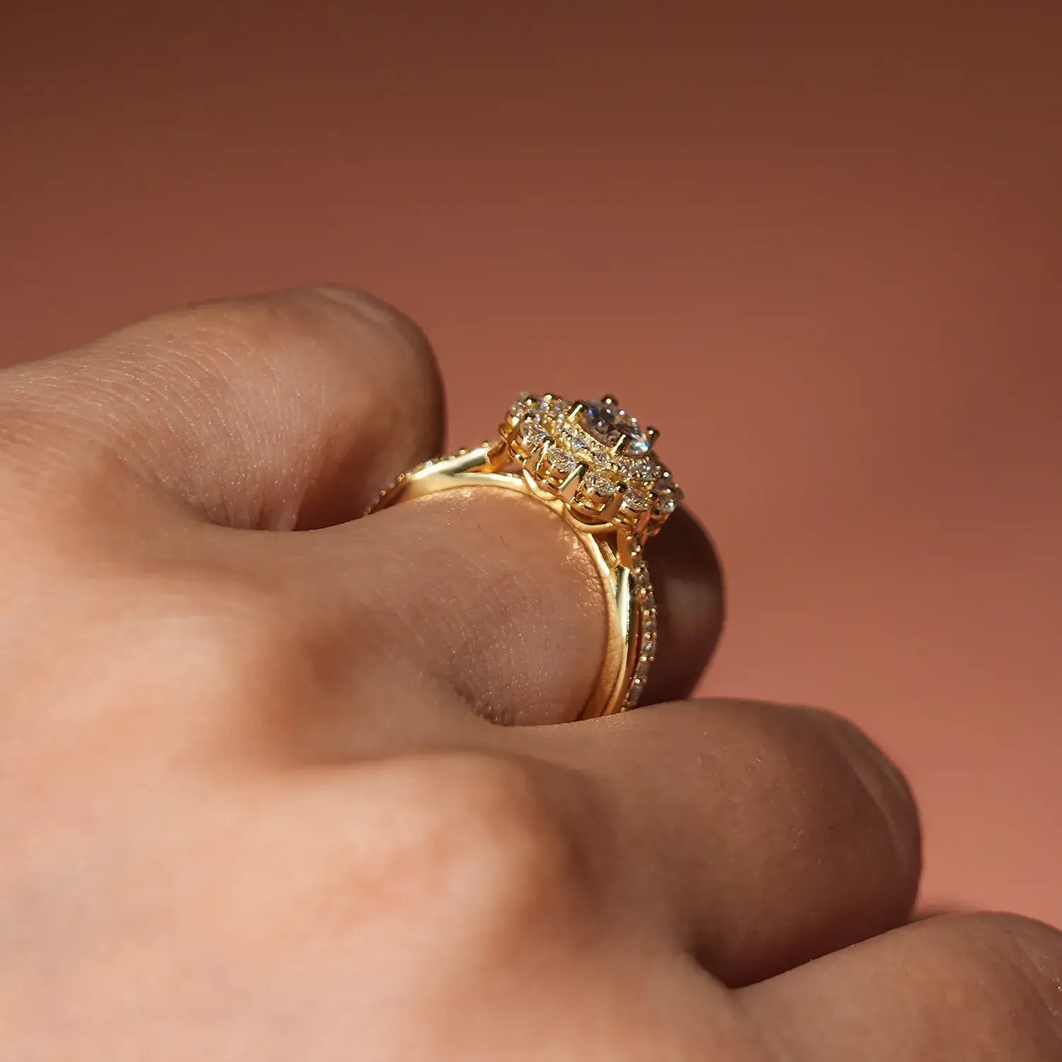 Double Halo Round Brilliant Moissanite Diamond Engagement Ring Twist Band