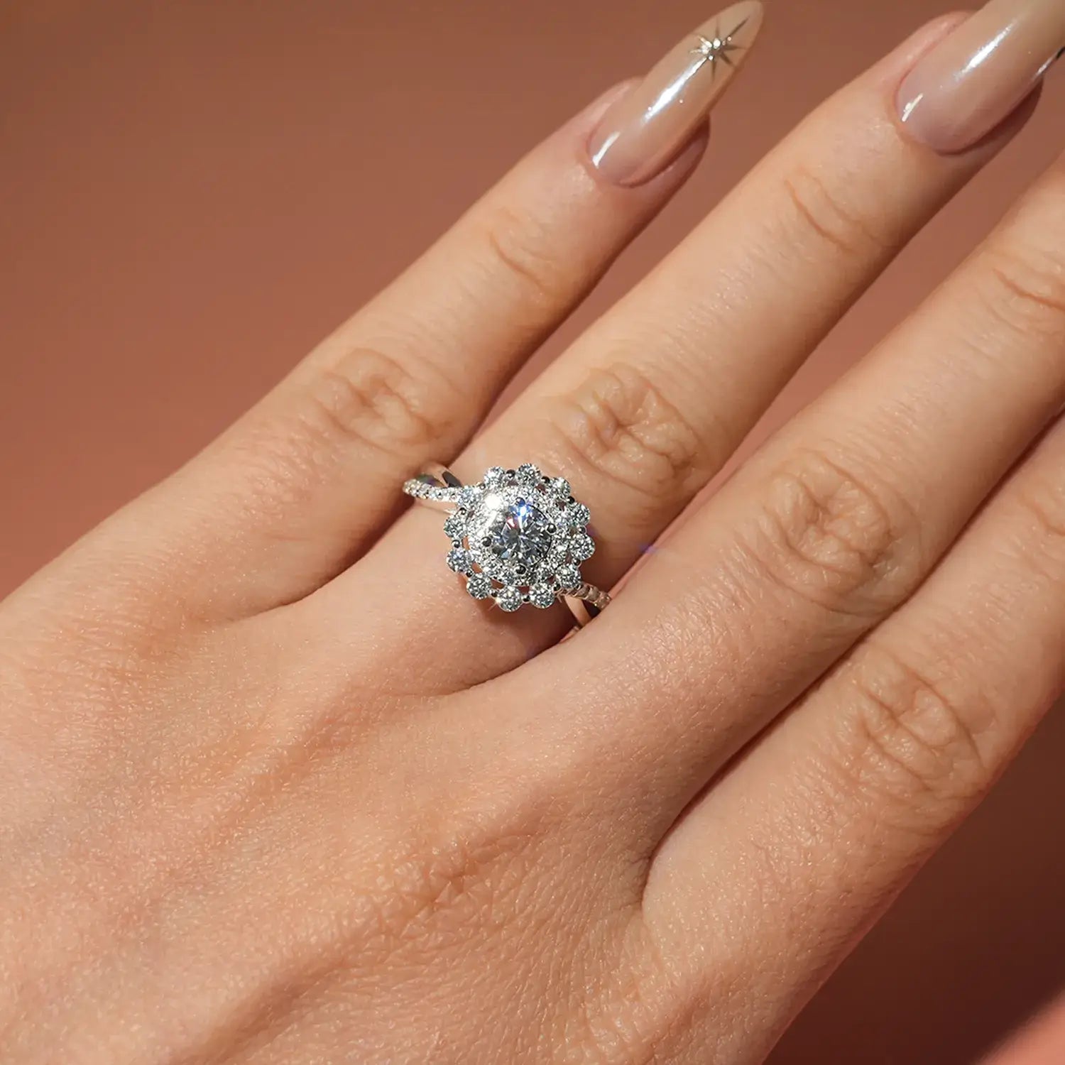 Double Halo Round Brilliant Moissanite Diamond Engagement Ring Twist Band