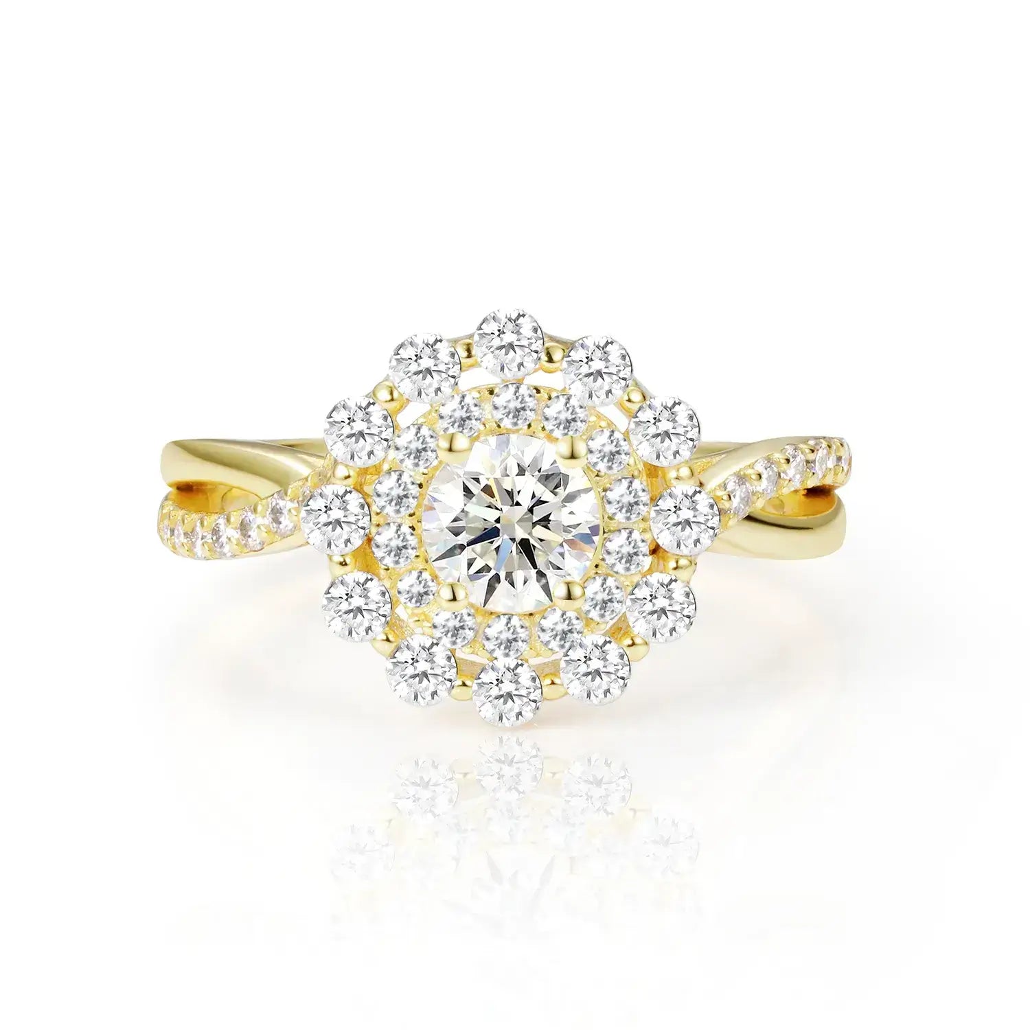 Double Halo Round Brilliant Moissanite Diamond Engagement Ring Twist Band