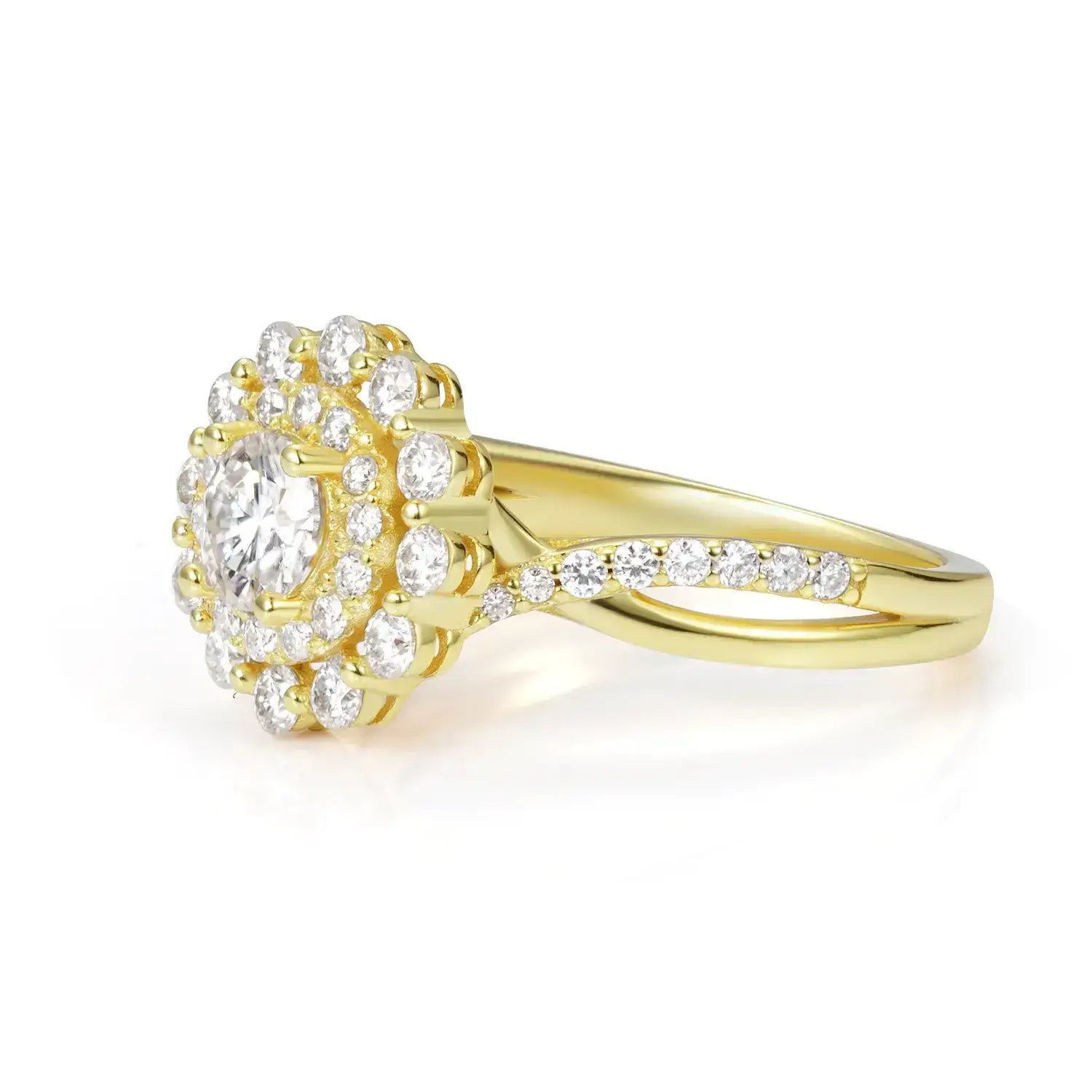 Double Halo Round Brilliant Moissanite Diamond Engagement Ring Twist Band