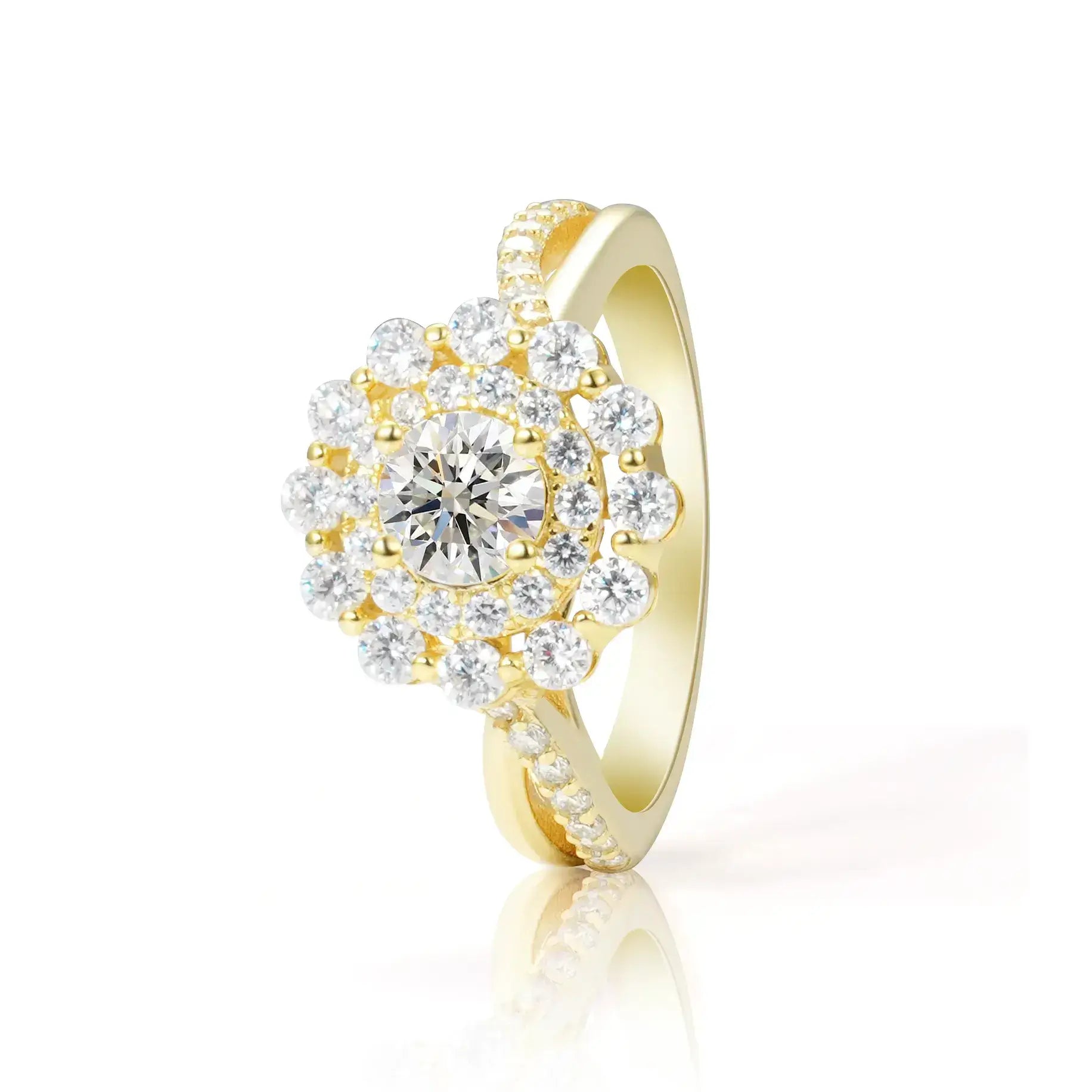 Double Halo Round Brilliant Moissanite Diamond Engagement Ring Twist Band