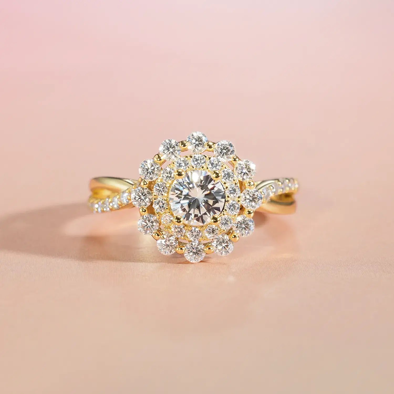 Double Halo Round Brilliant Moissanite Diamond Engagement Ring Twist Band