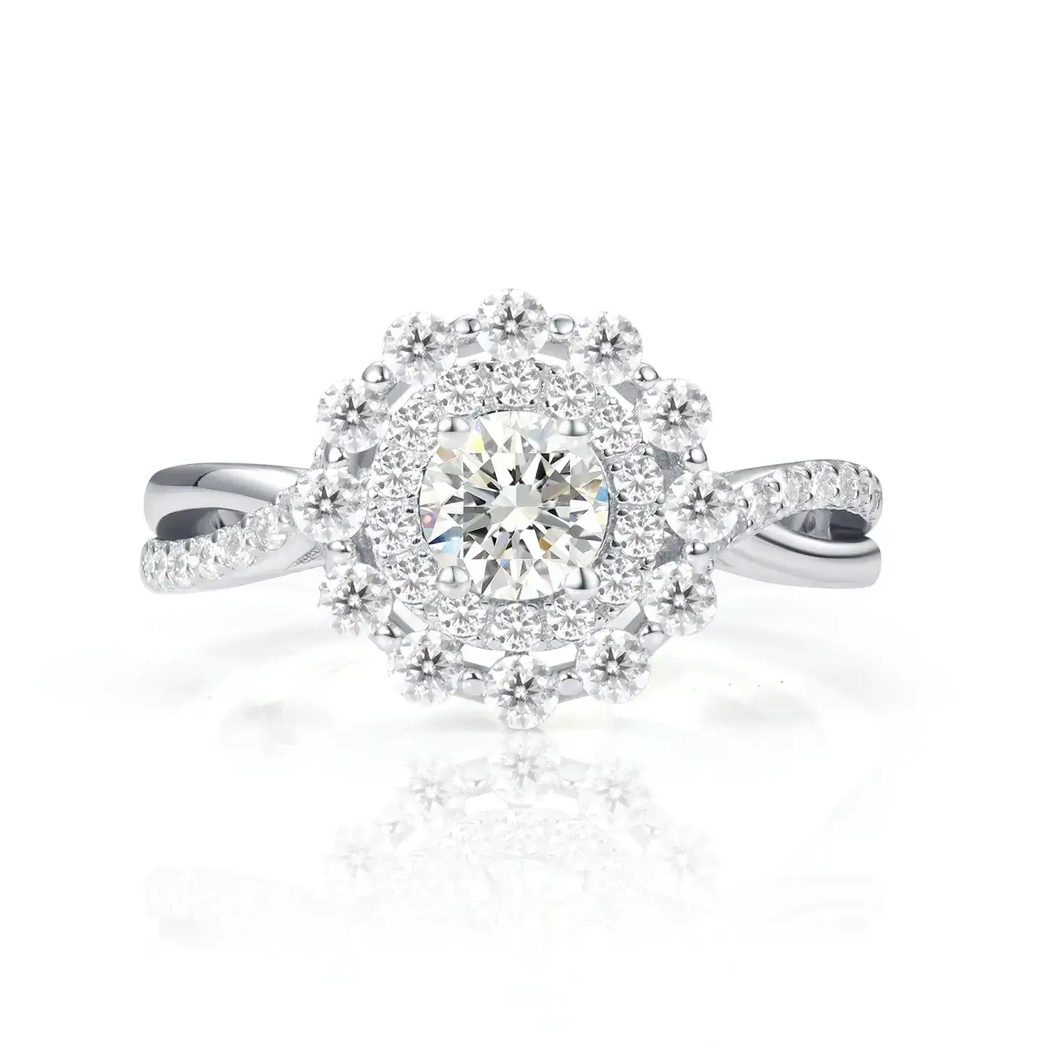 Double Halo Round Brilliant Moissanite Diamond Engagement Ring Twist Band