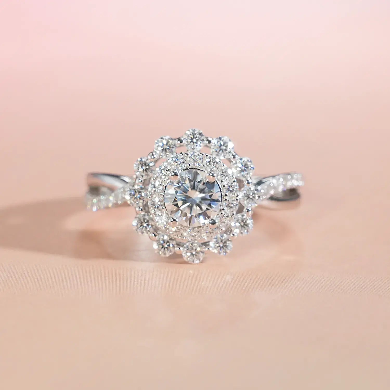 Double Halo Round Brilliant Moissanite Diamond Engagement Ring Twist Band