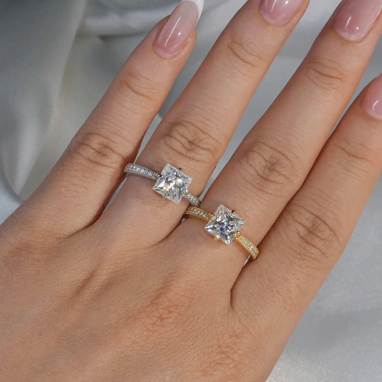 Princess cut Engagement Ring Compass Setting Moissanite Diamond