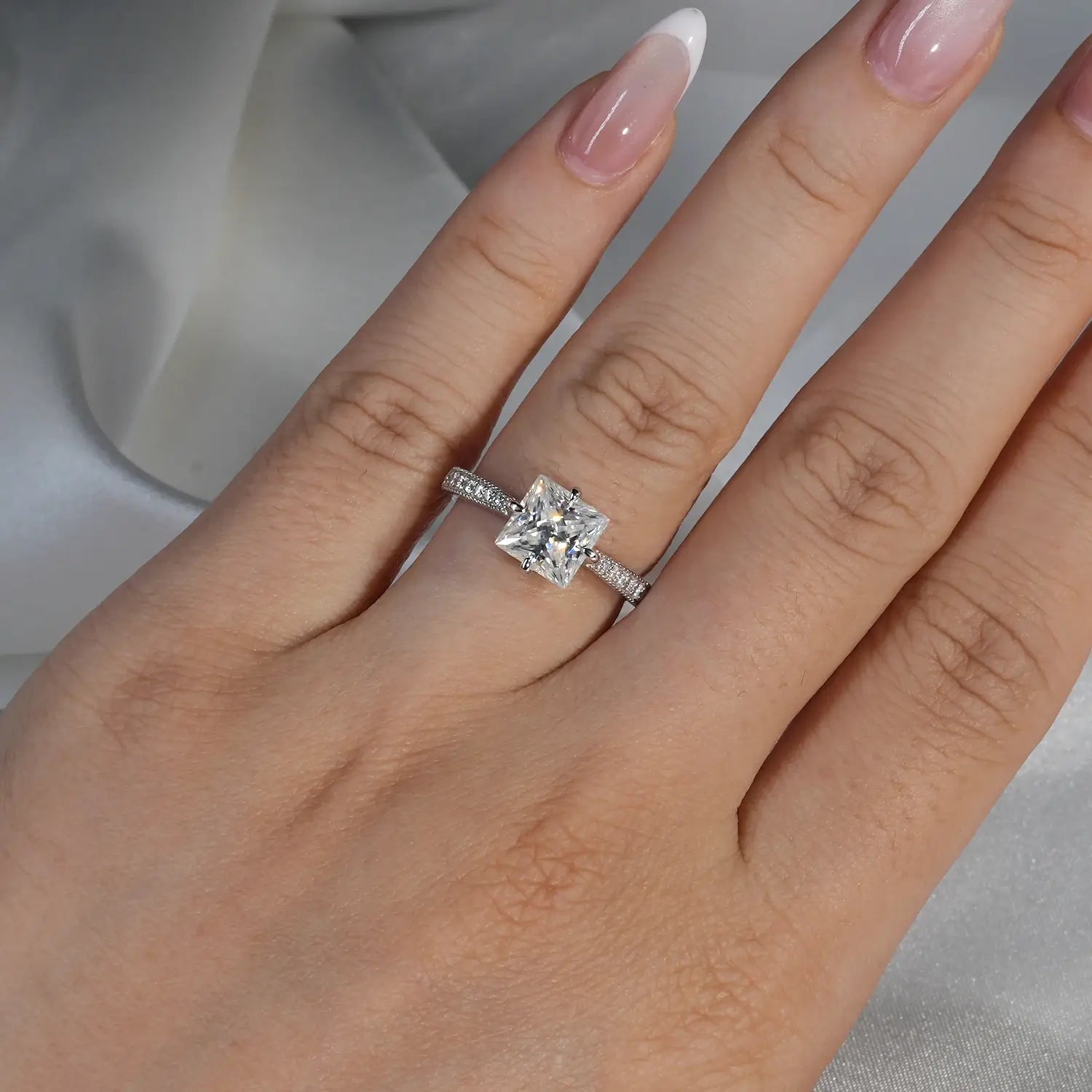 Princess cut Engagement Ring Compass Setting Moissanite Diamond