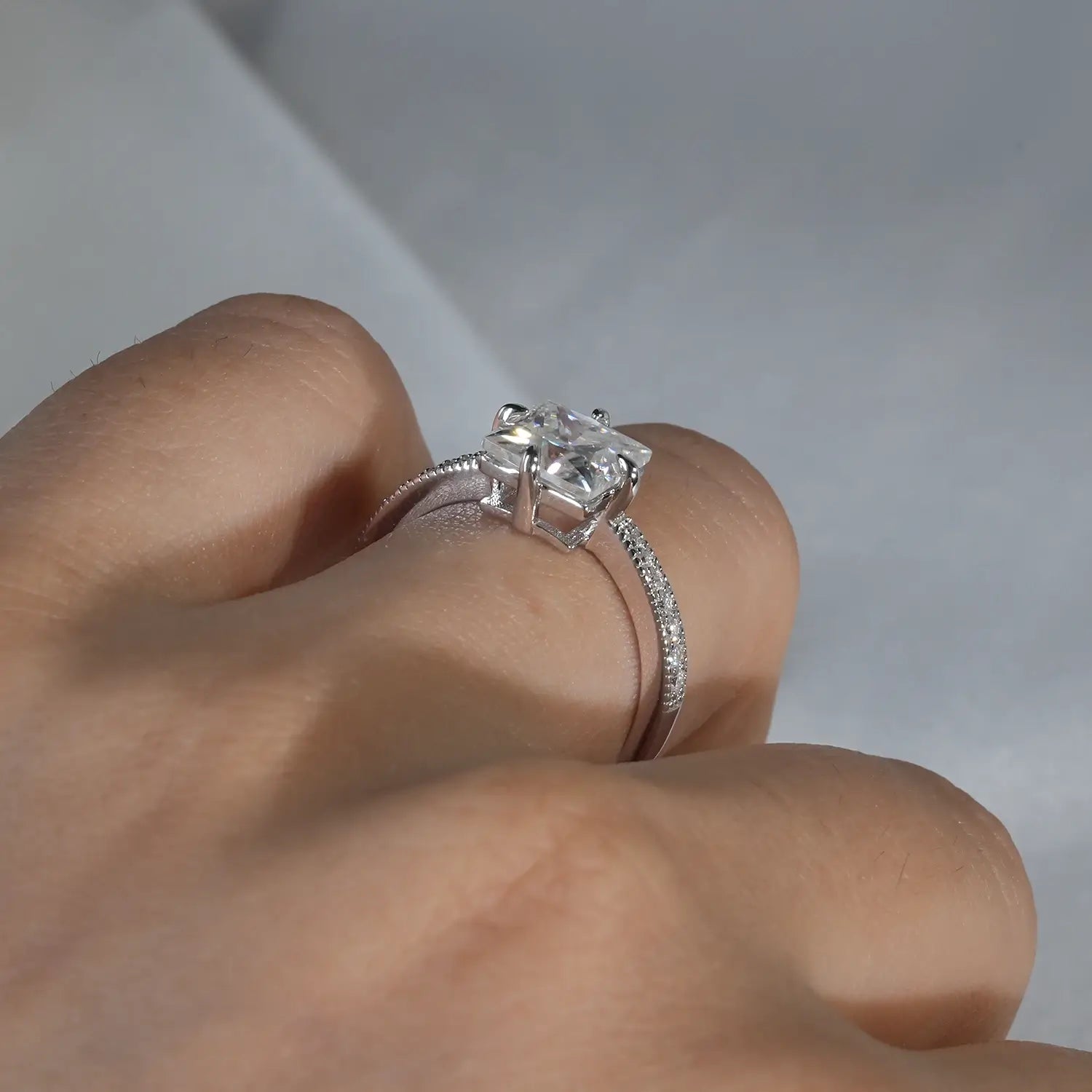 Princess cut Engagement Ring Compass Setting Moissanite Diamond